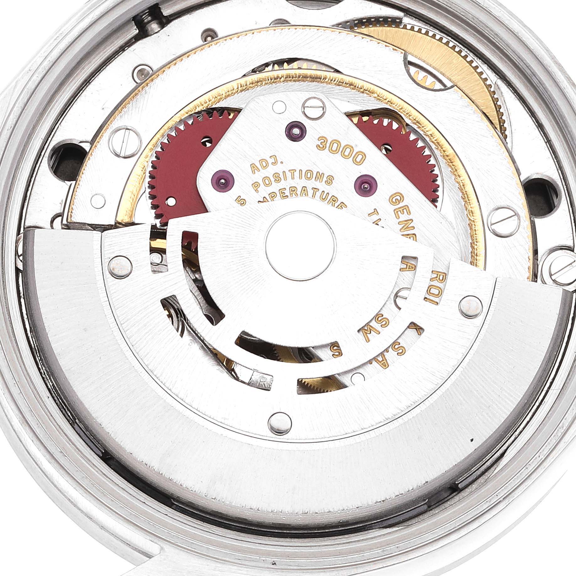 The image shows the intricate internal mechanism of a Rolex Air-King 14010 Men's Stainless Steel Black Dial 14010 Men's Stainless Steel Black Dial watch, viewed from a top angle.