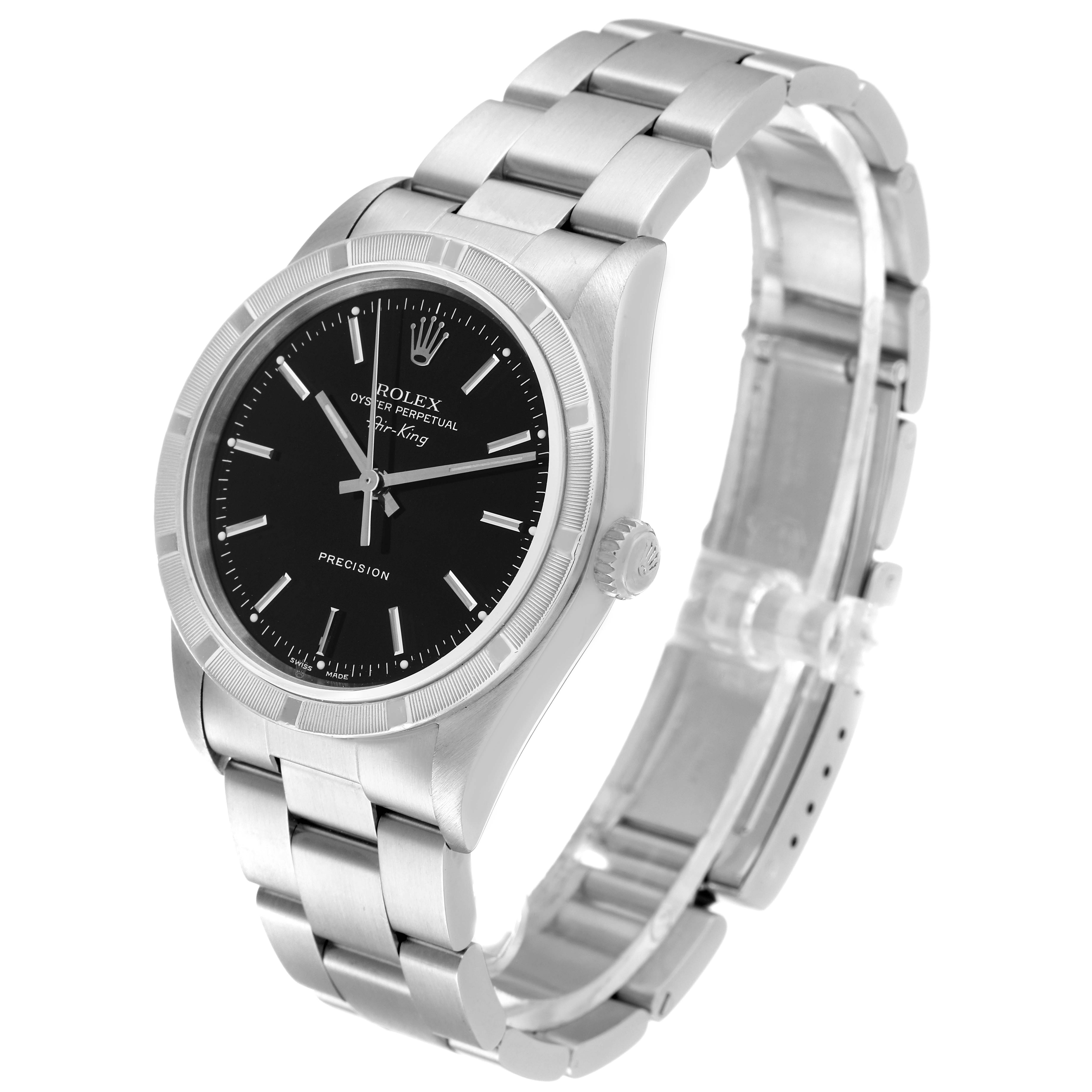 The Rolex Air-King 14010 Men's Stainless Steel Black Dial 14010 Men's Stainless Steel Black Dial watch is shown at a slight angle, displaying the face, bezel, crown, and bracelet.