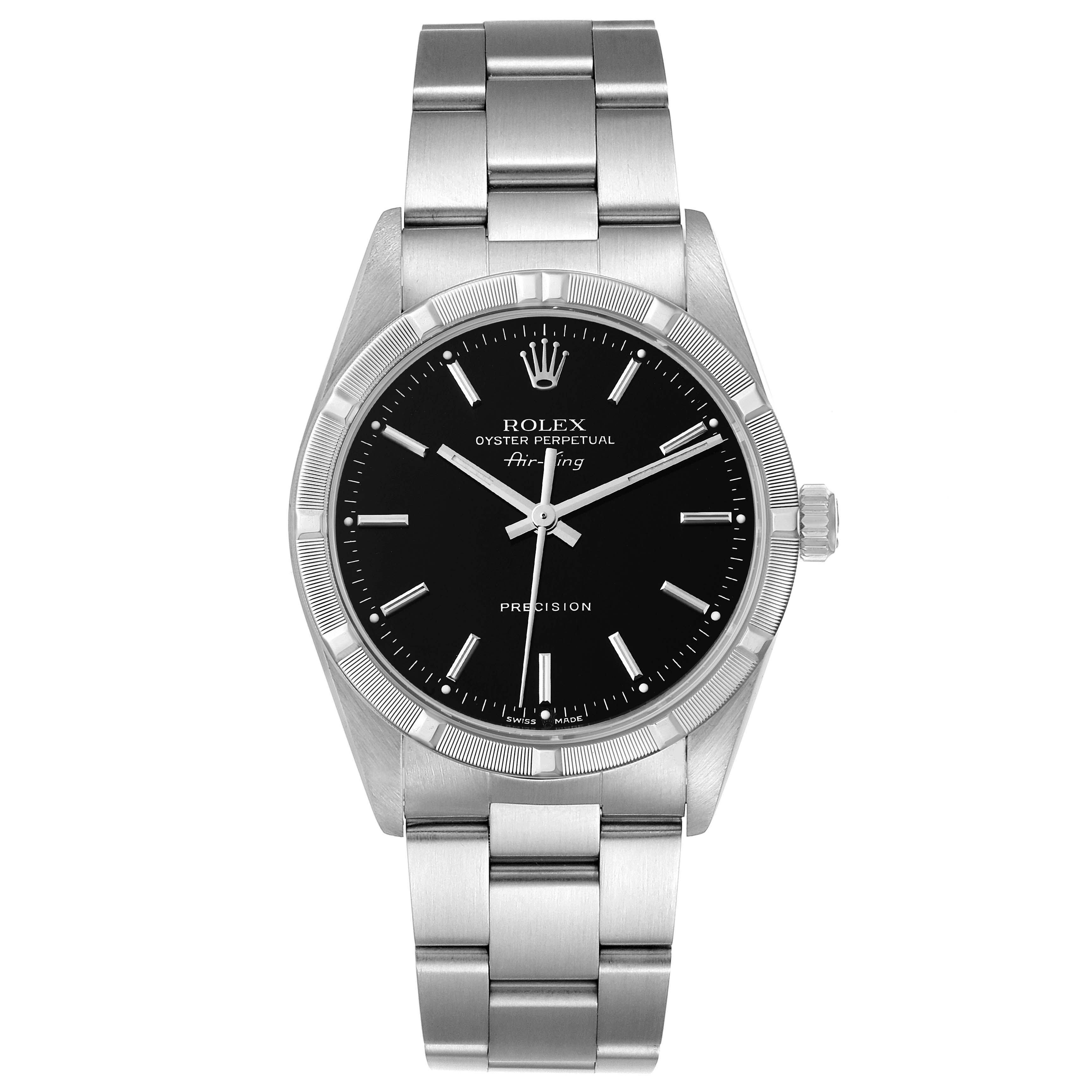 This image shows a front view of the Rolex Air-King 14010 Men's Stainless Steel Black Dial 14010 Men's Stainless Steel Black Dial watch, displaying its black dial, stainless steel case, and bracelet.