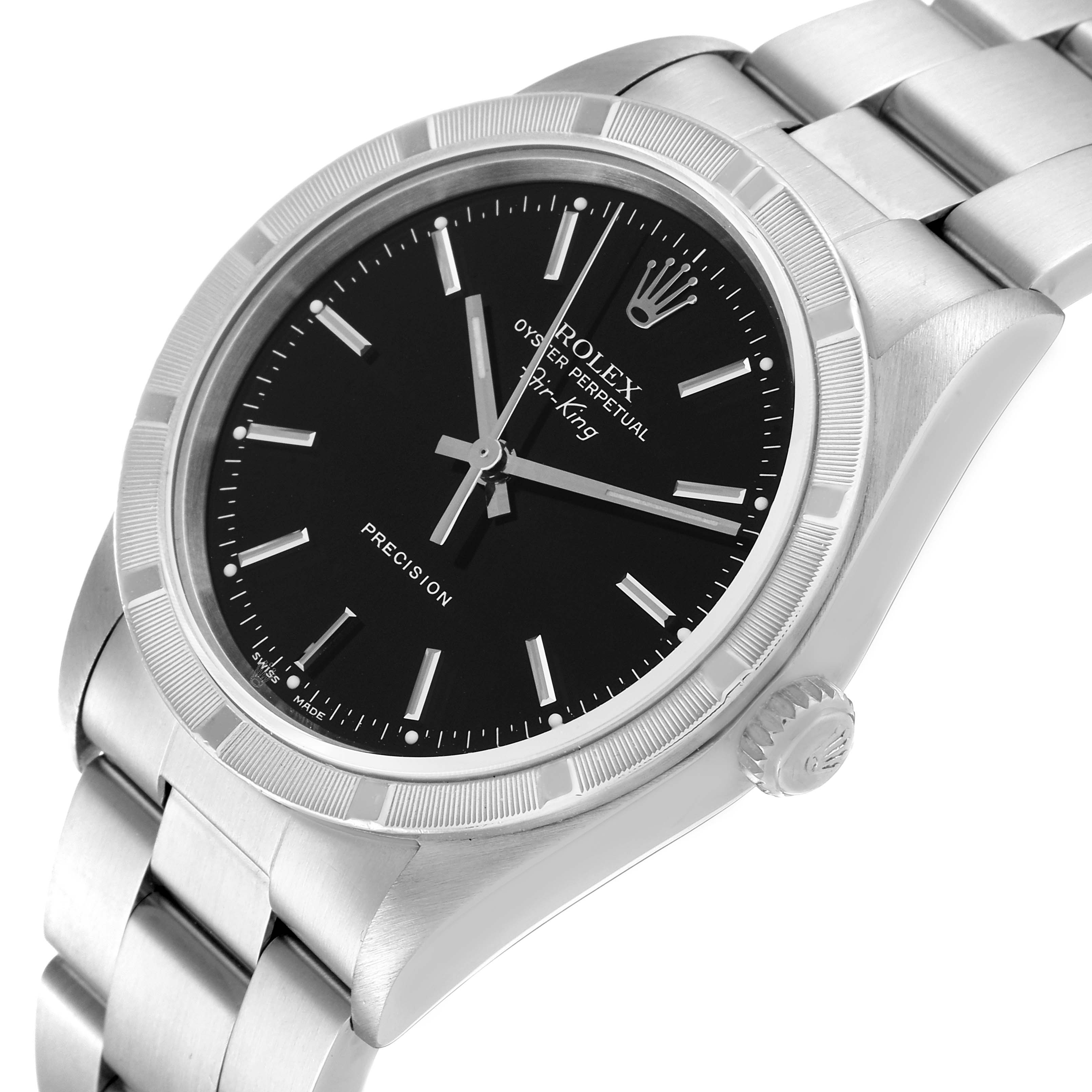 The Rolex Air-King 14010 Men's Stainless Steel Black Dial 14010 Men's Stainless Steel Black Dial watch is shown at an angled view displaying the face, bezel, crown, and part of the bracelet.