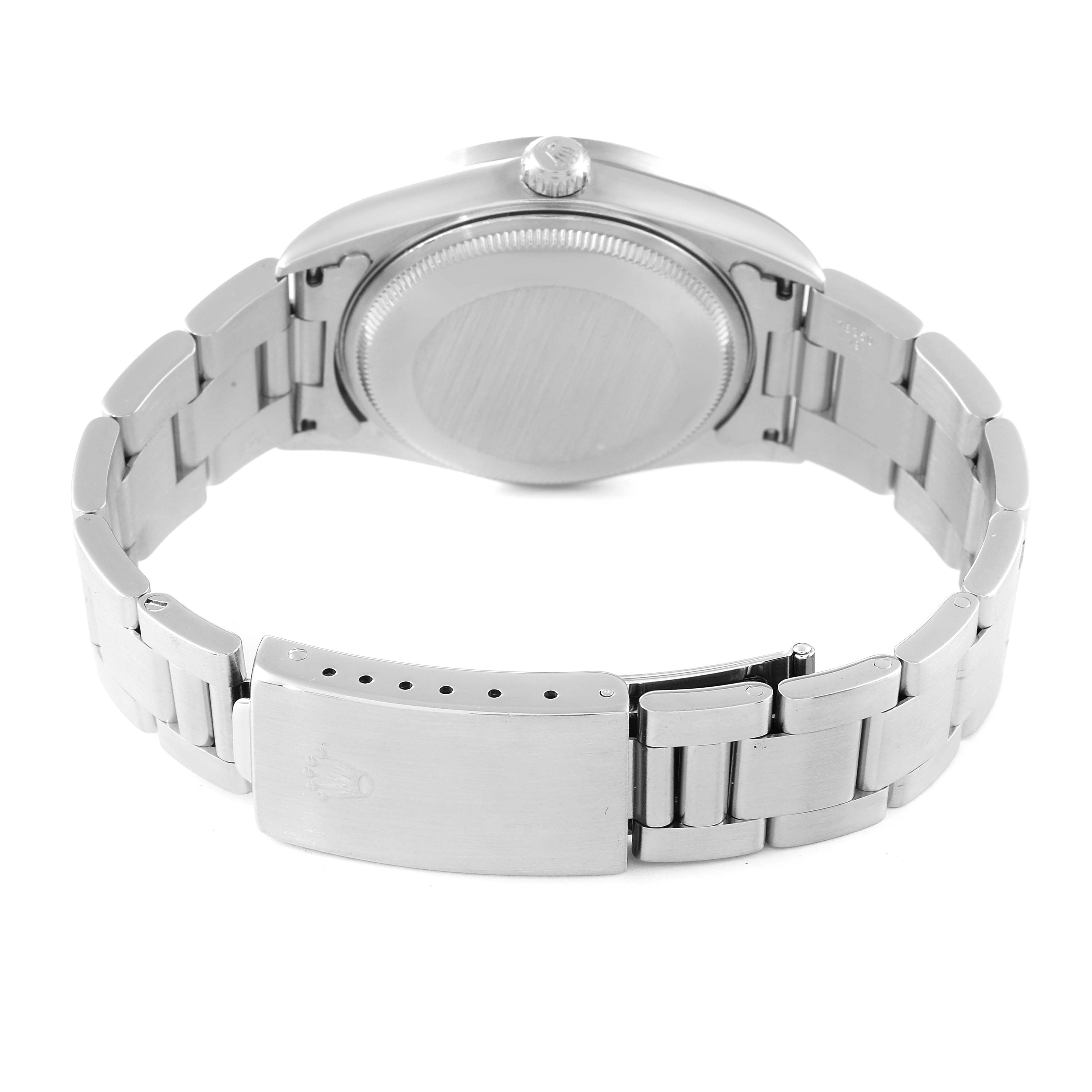 The image shows the back view of a Rolex Air-King 14010 Men's Stainless Steel Black Dial 14010 Men's Stainless Steel Black Dial watch, focusing on the case back and bracelet with the clasp.