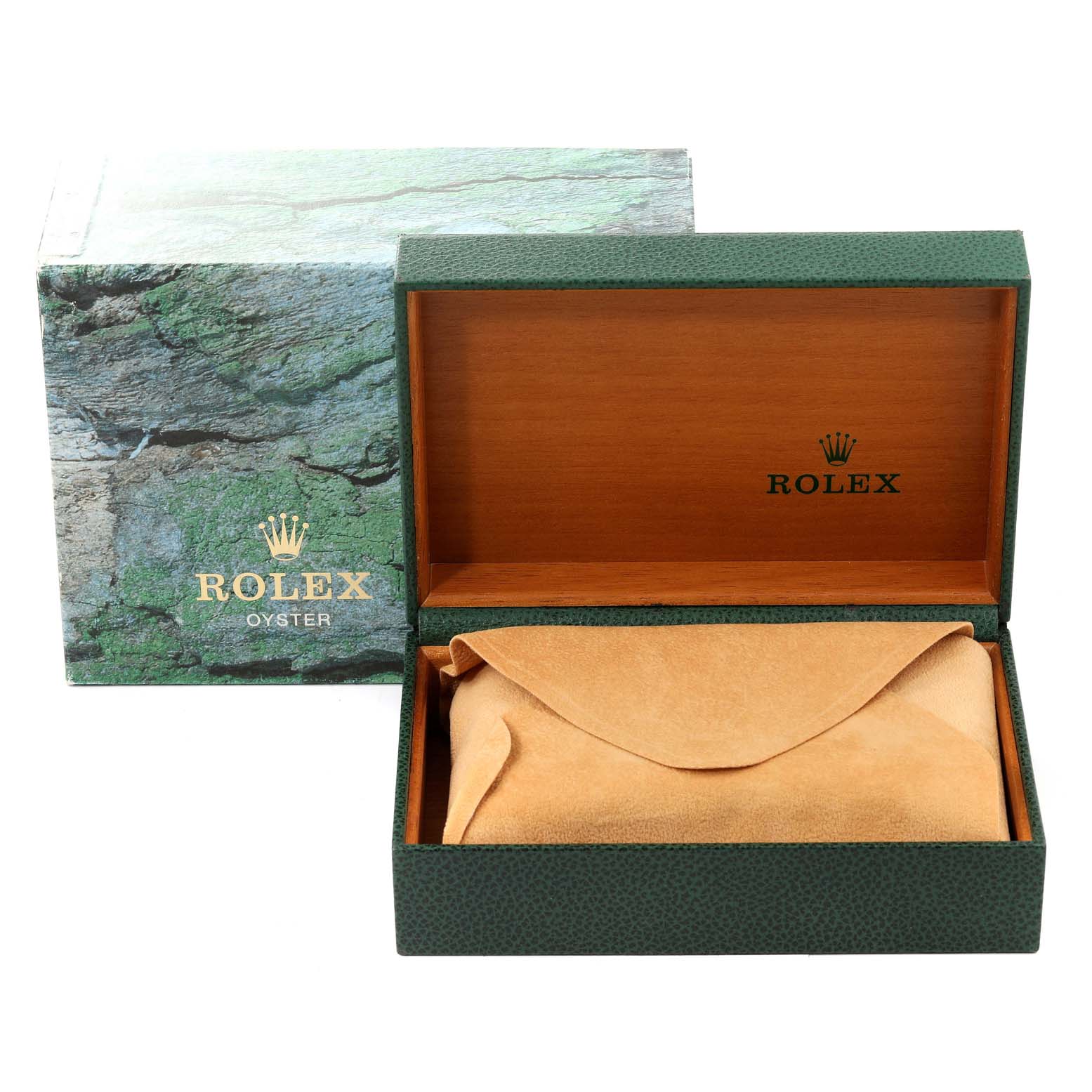 The image shows the interior packaging of a Rolex Air-King 14010 Men's Stainless Steel Black Dial 14010 Men's Stainless Steel Black Dial watch, featuring a green box with a tan protective pouch inside.