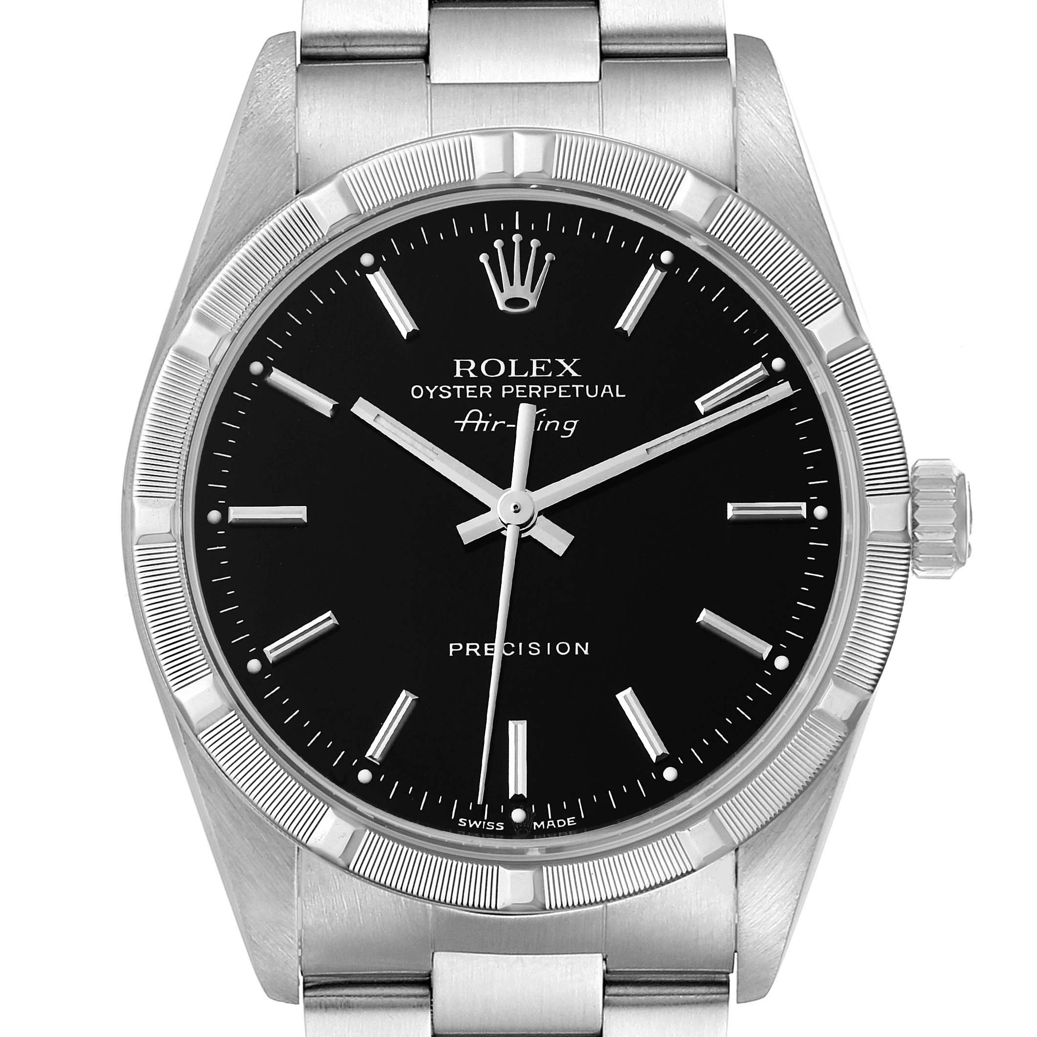 This image shows a front view of the Rolex Air-King 14010 Men's Stainless Steel Black Dial 14010 Men's Stainless Steel Black Dial watch, highlighting the dial, bezel, and part of the bracelet.