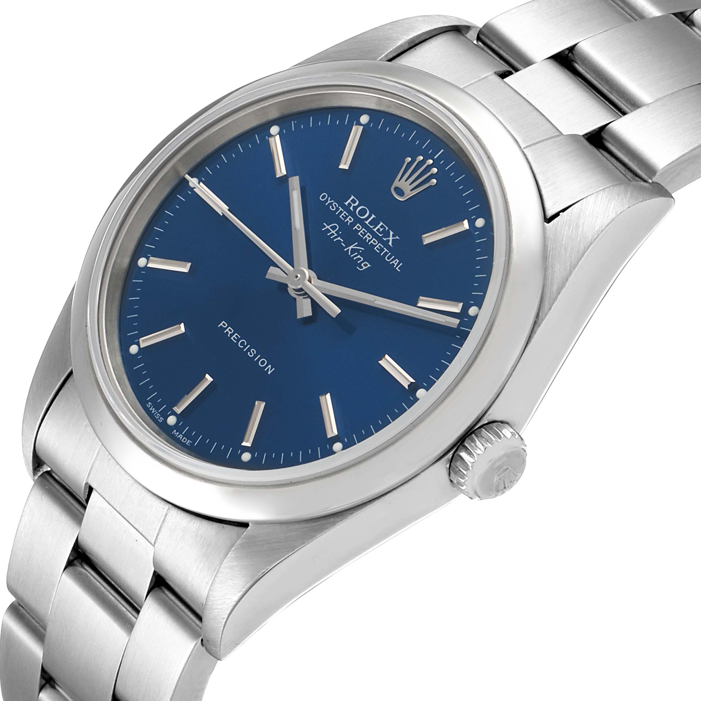 The image shows the Rolex Air-King 14000M Men's Stainless Steel Blue Dial 14000M Men's Stainless Steel Blue Dial watch at a slightly tilted top-down angle, highlighting its dial, bezel, and part of the band.