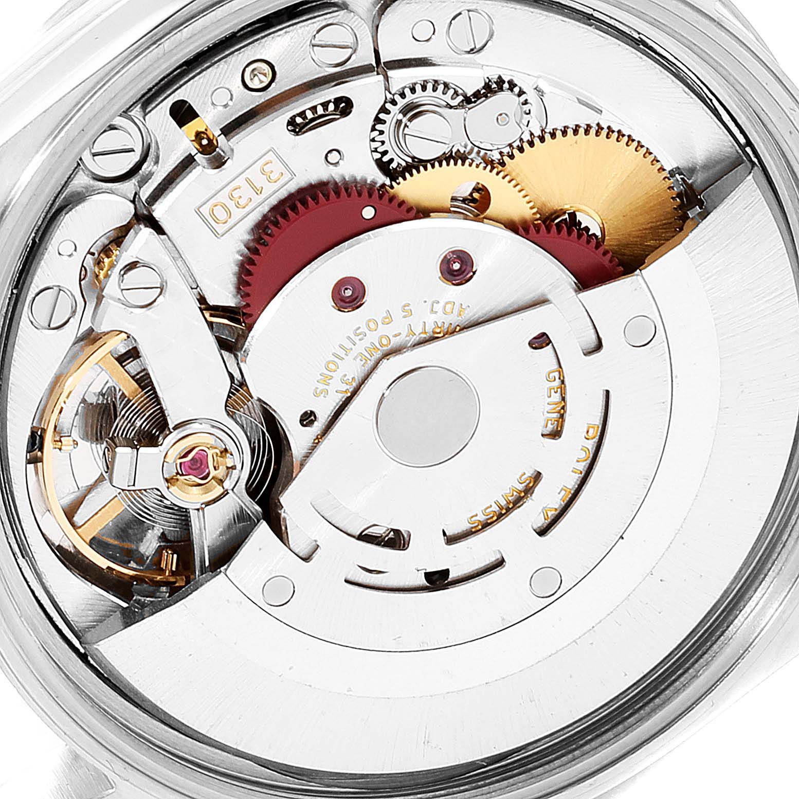 The image shows a close-up of the movement mechanism inside a Rolex Air-King 14000M Men's Stainless Steel Blue Dial 14000M Men's Stainless Steel Blue Dial watch.