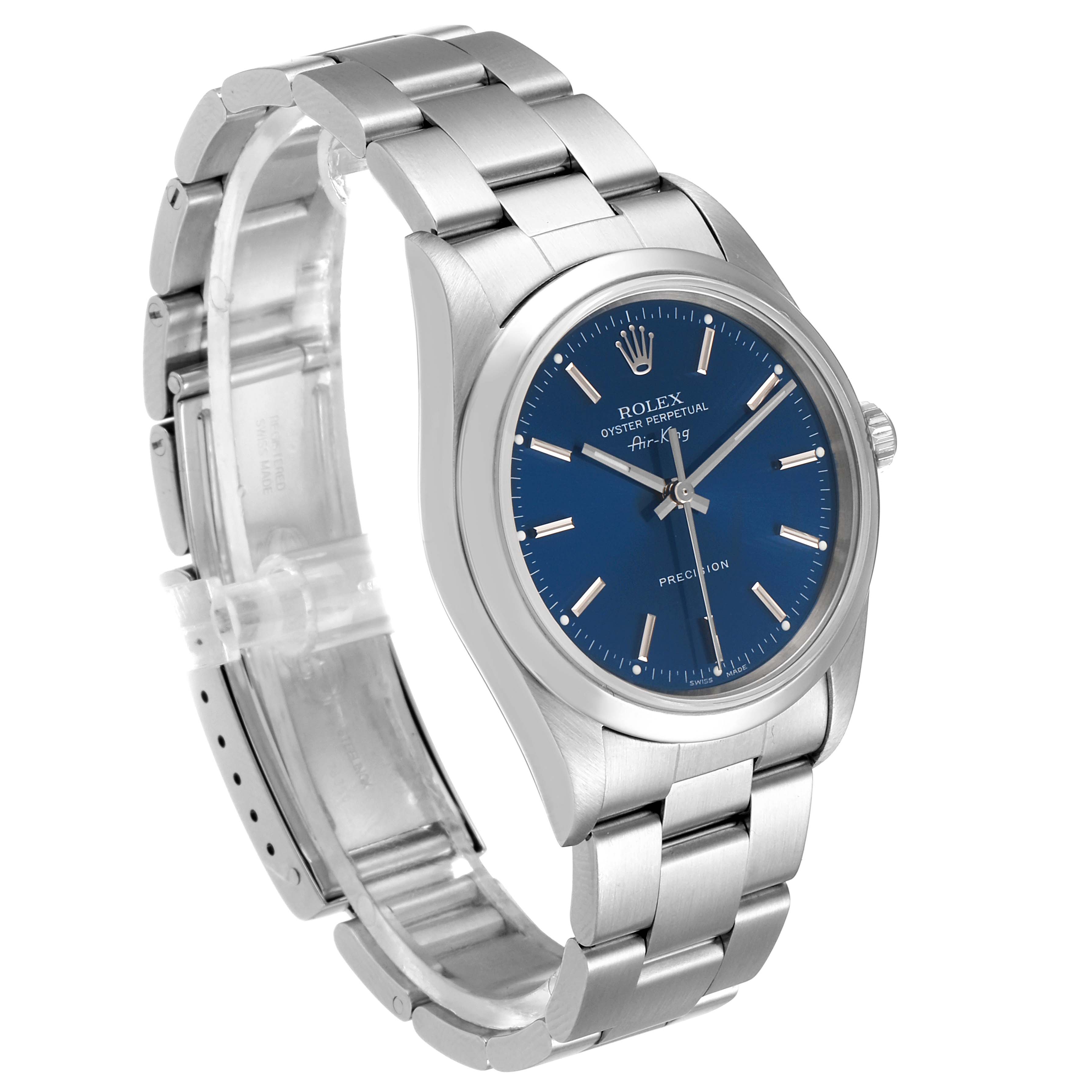 The image shows a Rolex Air-King 14000M Men's Stainless Steel Blue Dial 14000M Men's Stainless Steel Blue Dial watch at a slight angle, highlighting the blue dial, silver bracelet, and clasp.