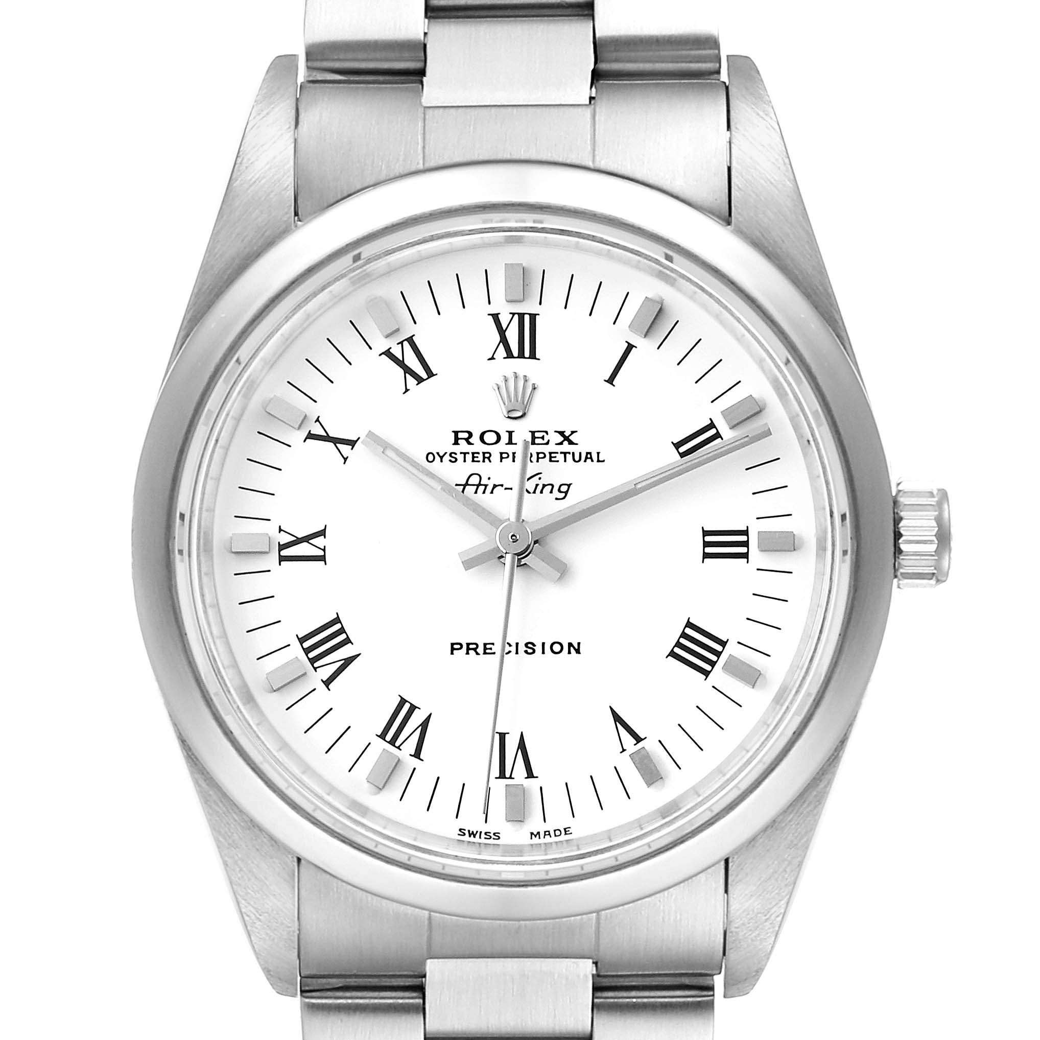 This image shows the Rolex Air-King 14010M Men's Stainless Steel White Dial 14010M Men's Stainless Steel White Dial watch from the front, highlighting the dial, hands, bezel, and part of the bracelet.