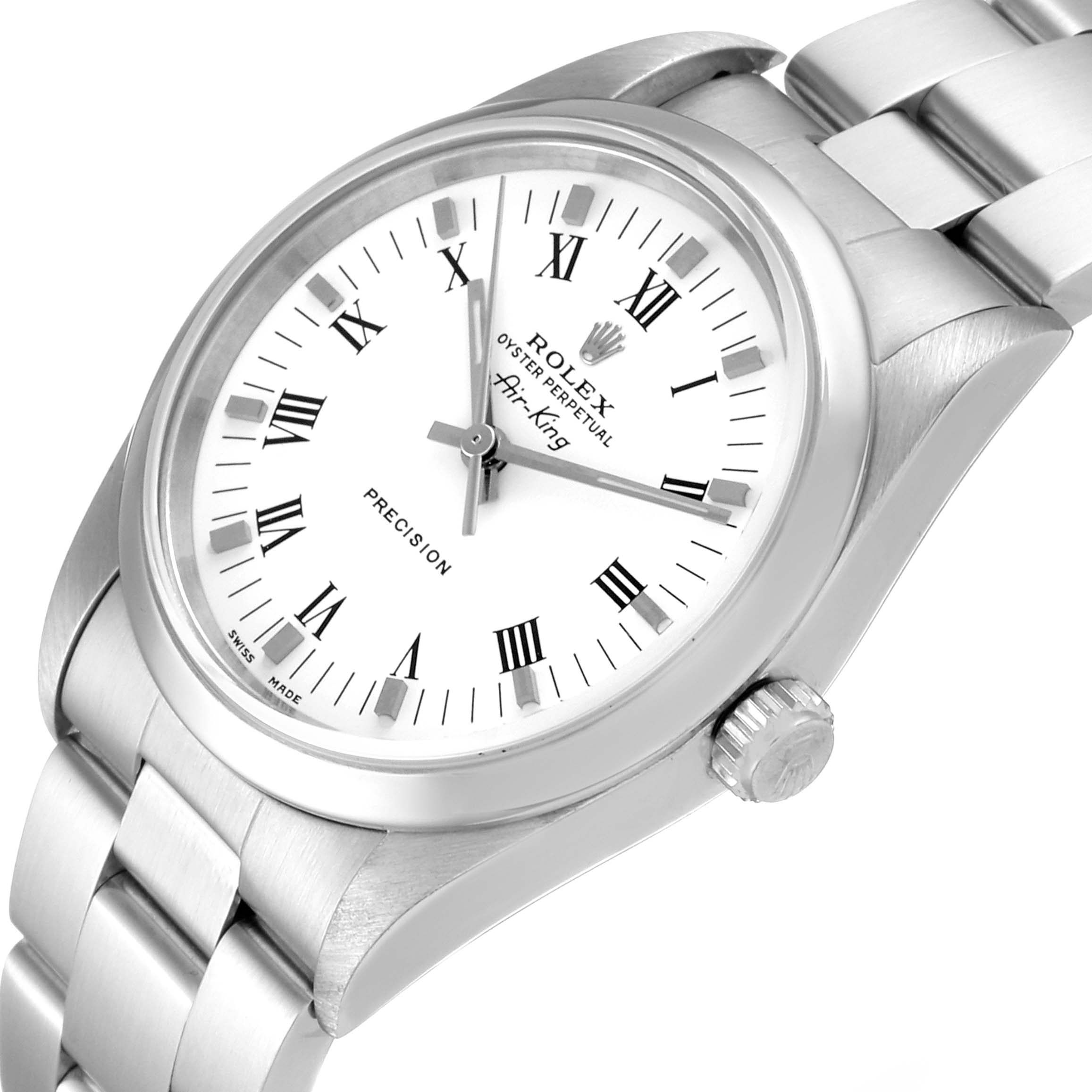 The image shows a Rolex Air-King 14010M Men's Stainless Steel White Dial 14010M Men's Stainless Steel White Dial watch from a slight angle displaying the dial, bracelet, and crown.