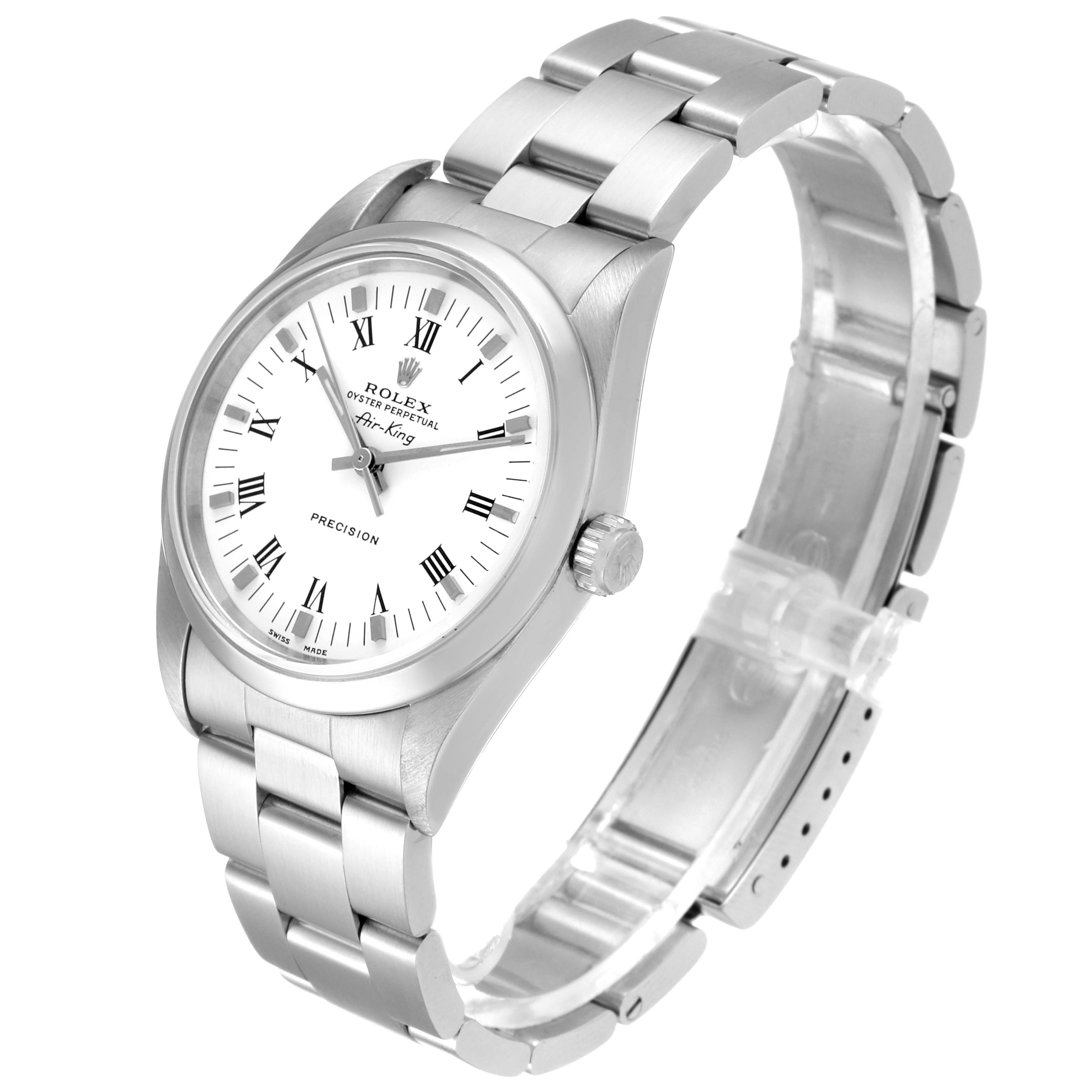The Rolex Air-King 14010M Men's Stainless Steel White Dial 14010M Men's Stainless Steel White Dial watch is shown at a slightly tilted angle, displaying the face, bezel, crown, and part of the bracelet.