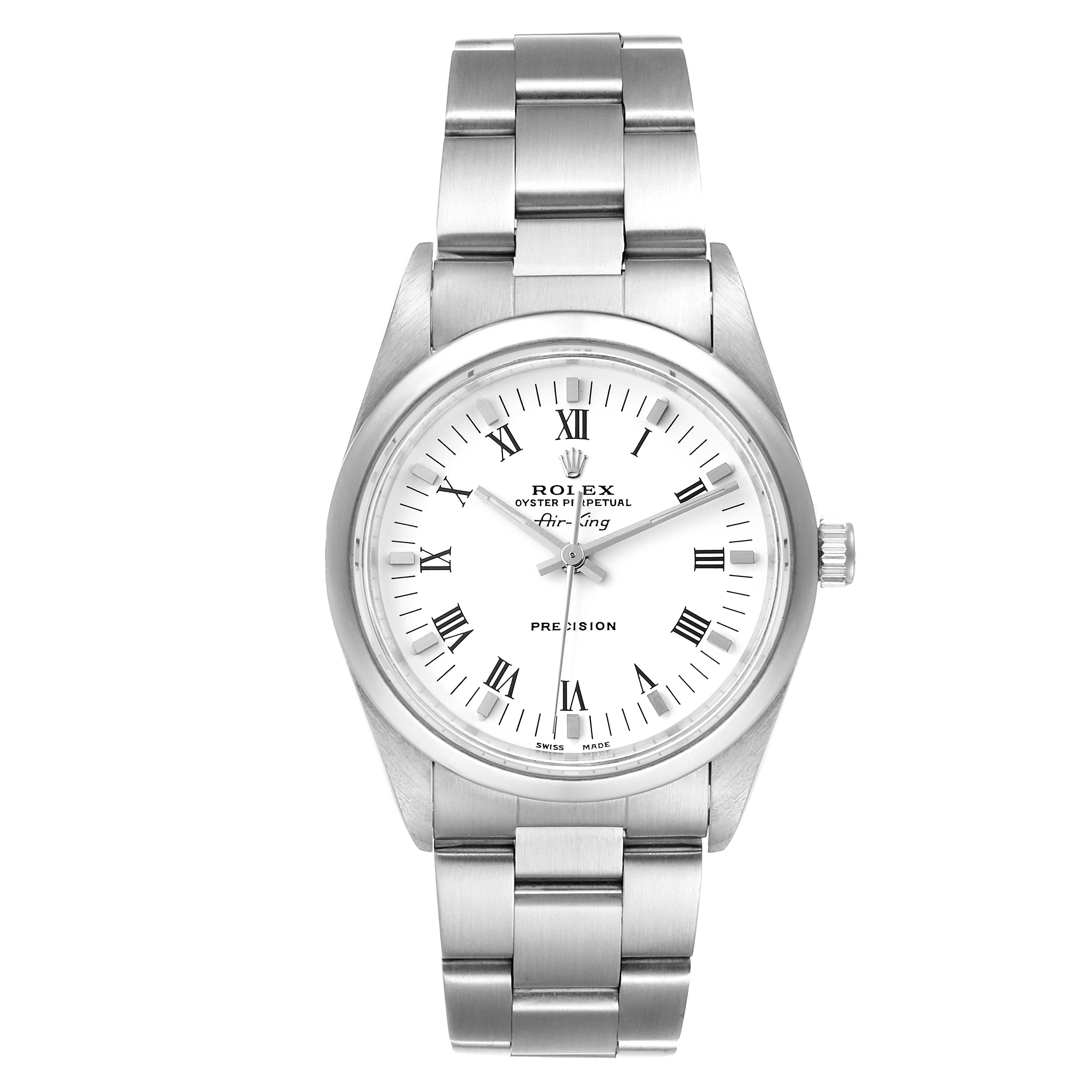 This image shows a front view of a Rolex Air-King 14010M Men's Stainless Steel White Dial 14010M Men's Stainless Steel White Dial watch, displaying the dial, bezel, and bracelet.