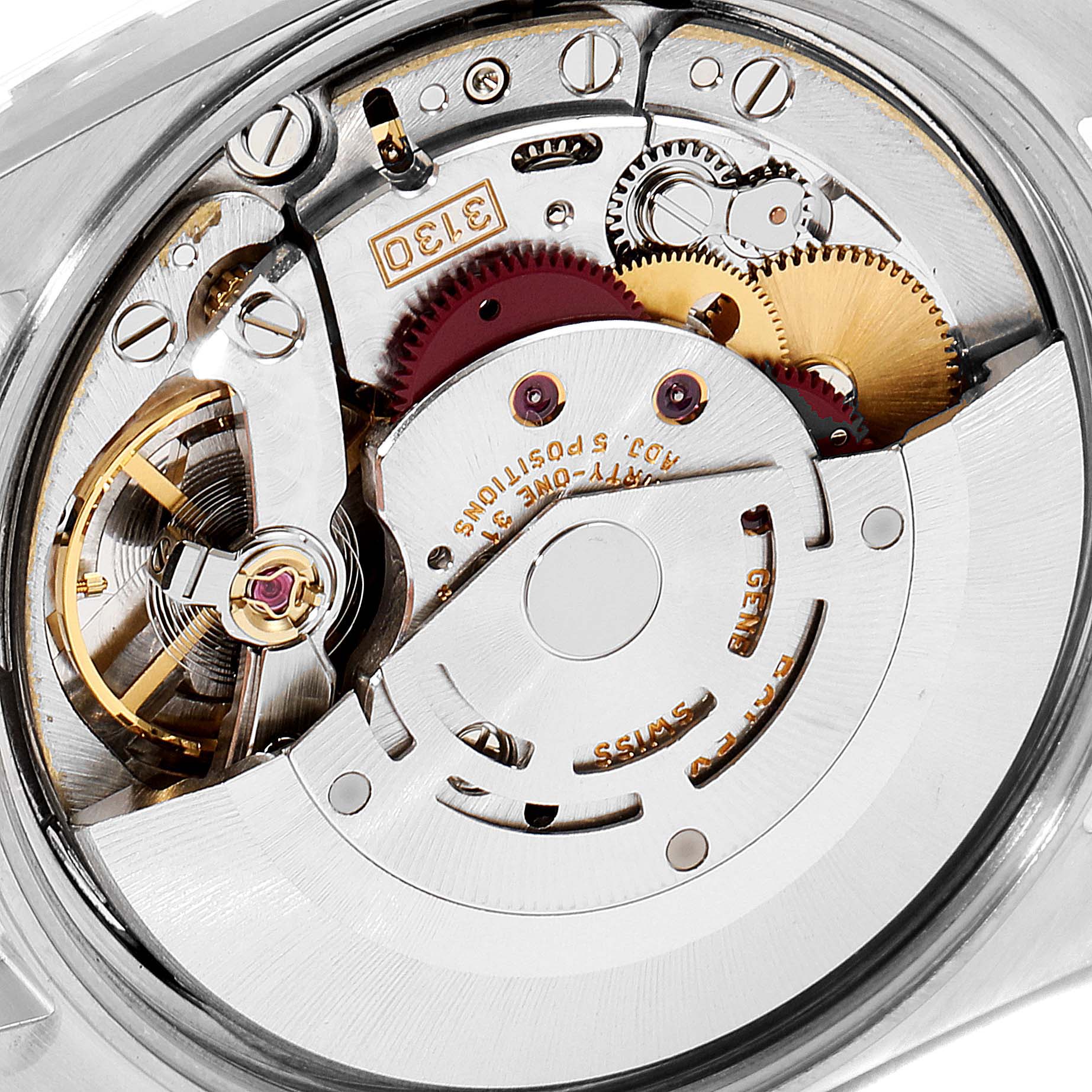 This is a detailed close-up of the movement mechanism inside a Rolex Air-King 14010M Men's Stainless Steel White Dial 14010M Men's Stainless Steel White Dial watch.