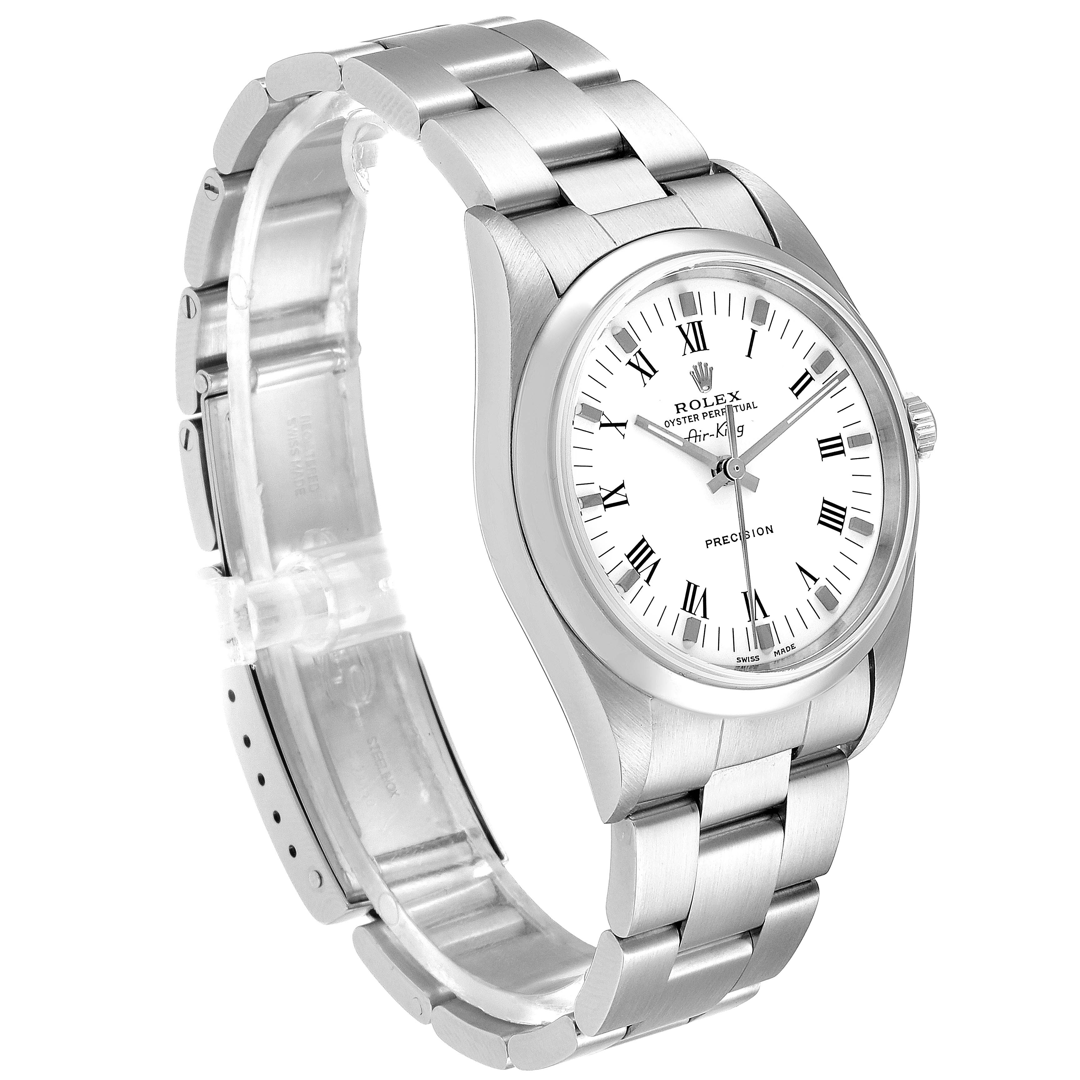 The Rolex Air-King 14000 Men's Stainless Steel White Dial 14000 Men's Stainless Steel White Dial watch is shown at a slight angle, highlighting its face, bezel, and stainless steel bracelet.