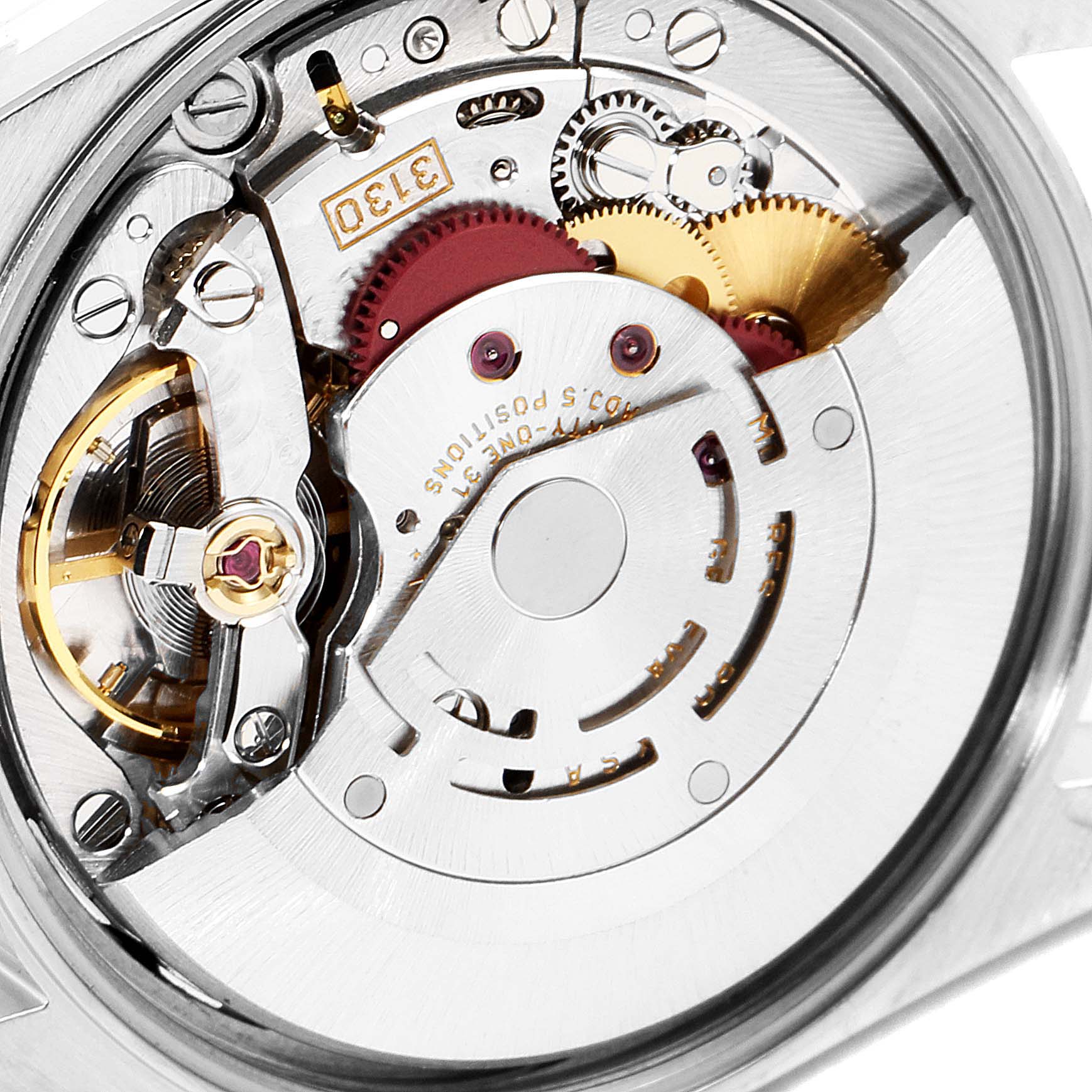 This is a close-up shot showing the movement mechanism parts of the Rolex Air-King 14000 Men's Stainless Steel White Dial 14000 Men's Stainless Steel White Dial model watch.