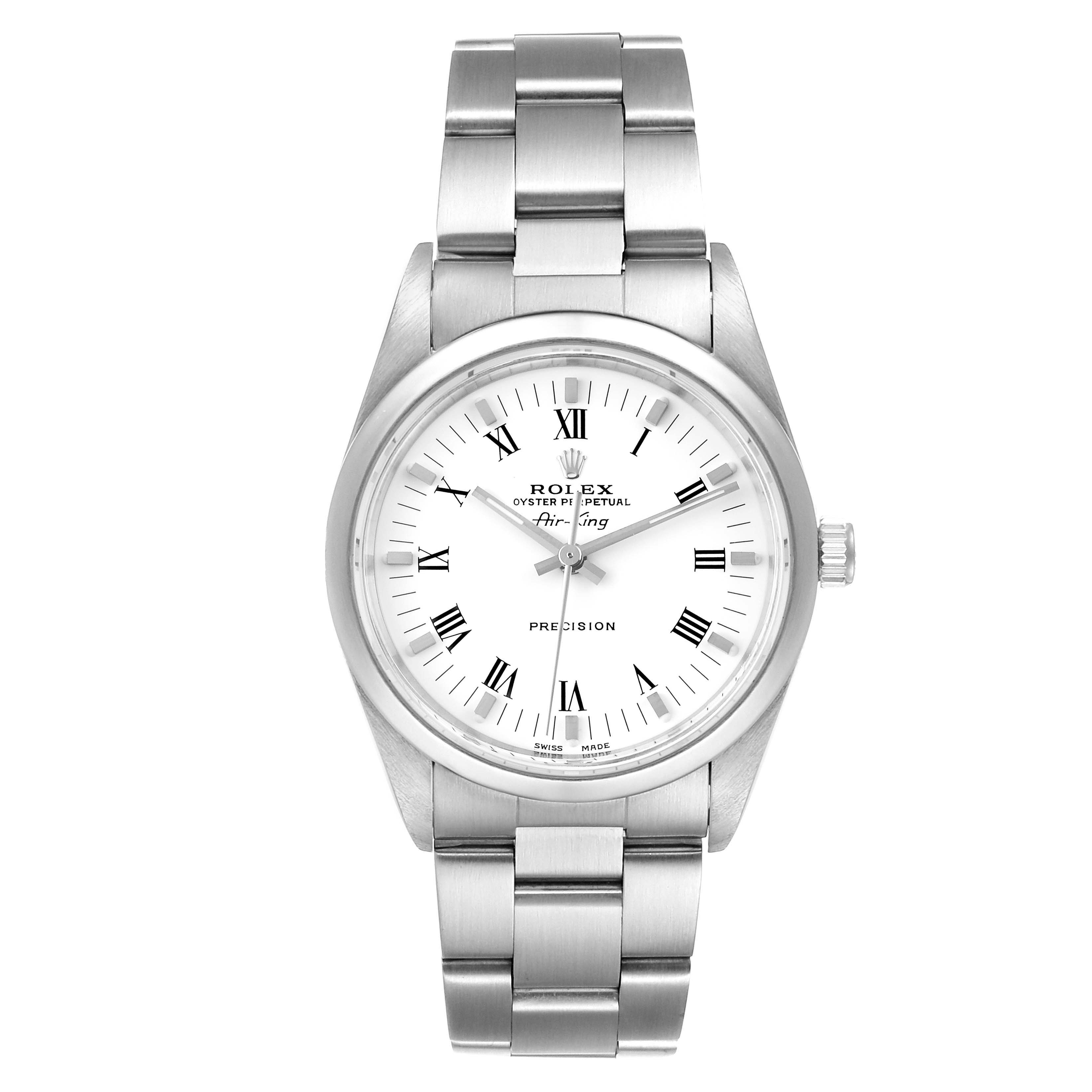 The image shows a front view of a Rolex Air-King 14000 Men's Stainless Steel White Dial 14000 Men's Stainless Steel White Dial watch, displaying the dial, hands, markers, case, and bracelet.