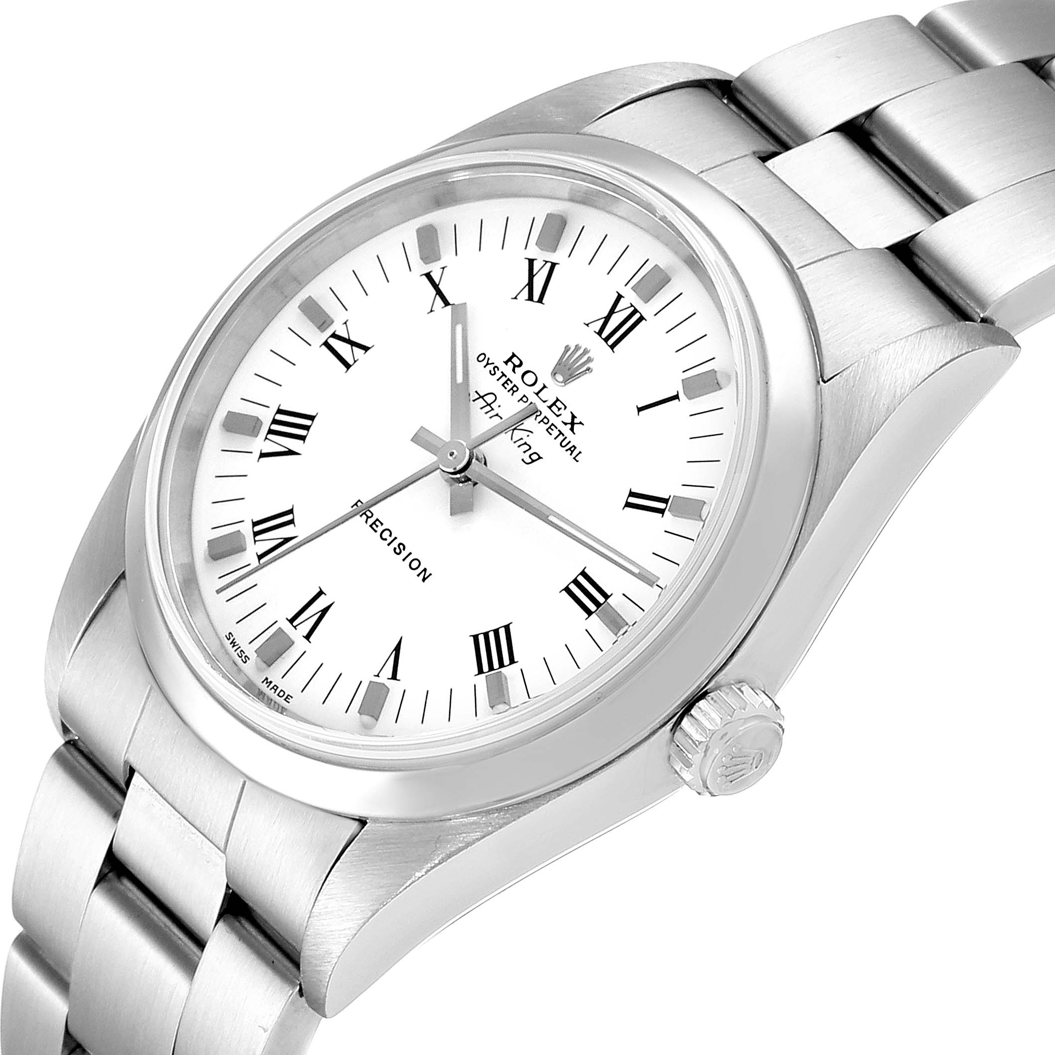 The image shows an angled view of the Rolex Air-King 14000 Men's Stainless Steel White Dial 14000 Men's Stainless Steel White Dial watch, displaying the face, crown, and part of the bracelet.