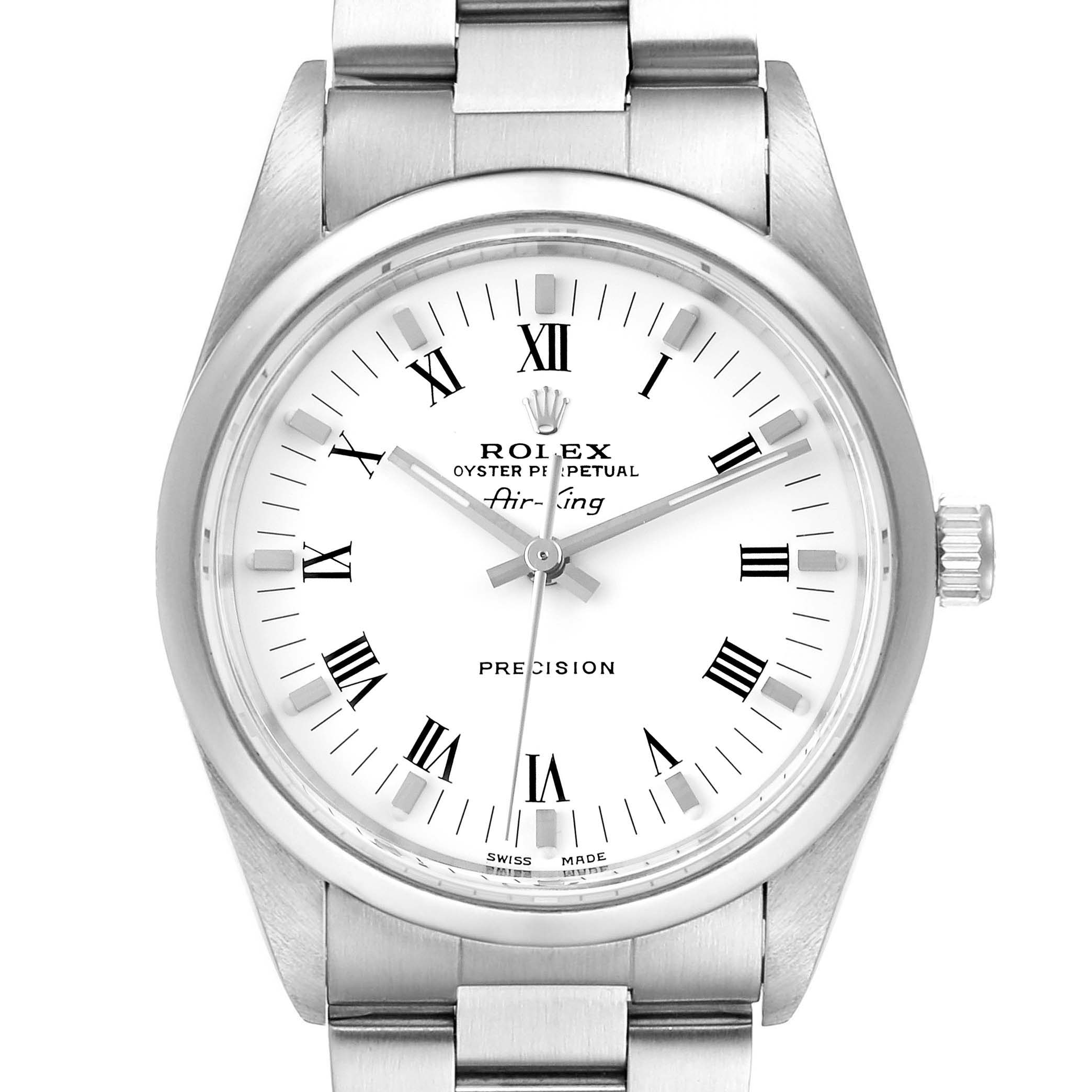 The image shows a front view of a Rolex Air-King 14000 Men's Stainless Steel White Dial 14000 Men's Stainless Steel White Dial watch, featuring the dial, hands, bezel, and part of the bracelet.