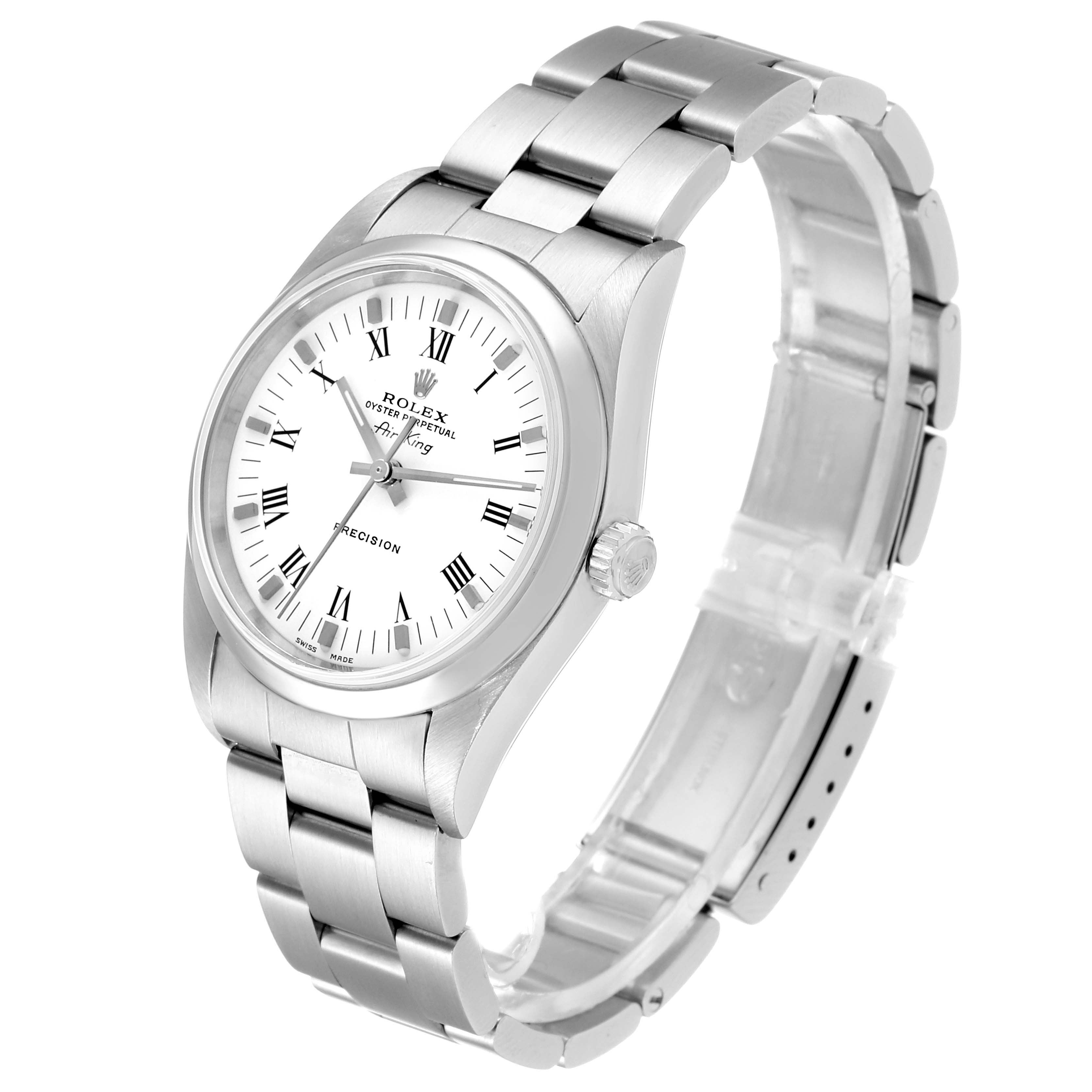 The Rolex Air-King 14000 Men's Stainless Steel White Dial 14000 Men's Stainless Steel White Dial watch is shown at an oblique angle highlighting its face and metal bracelet.