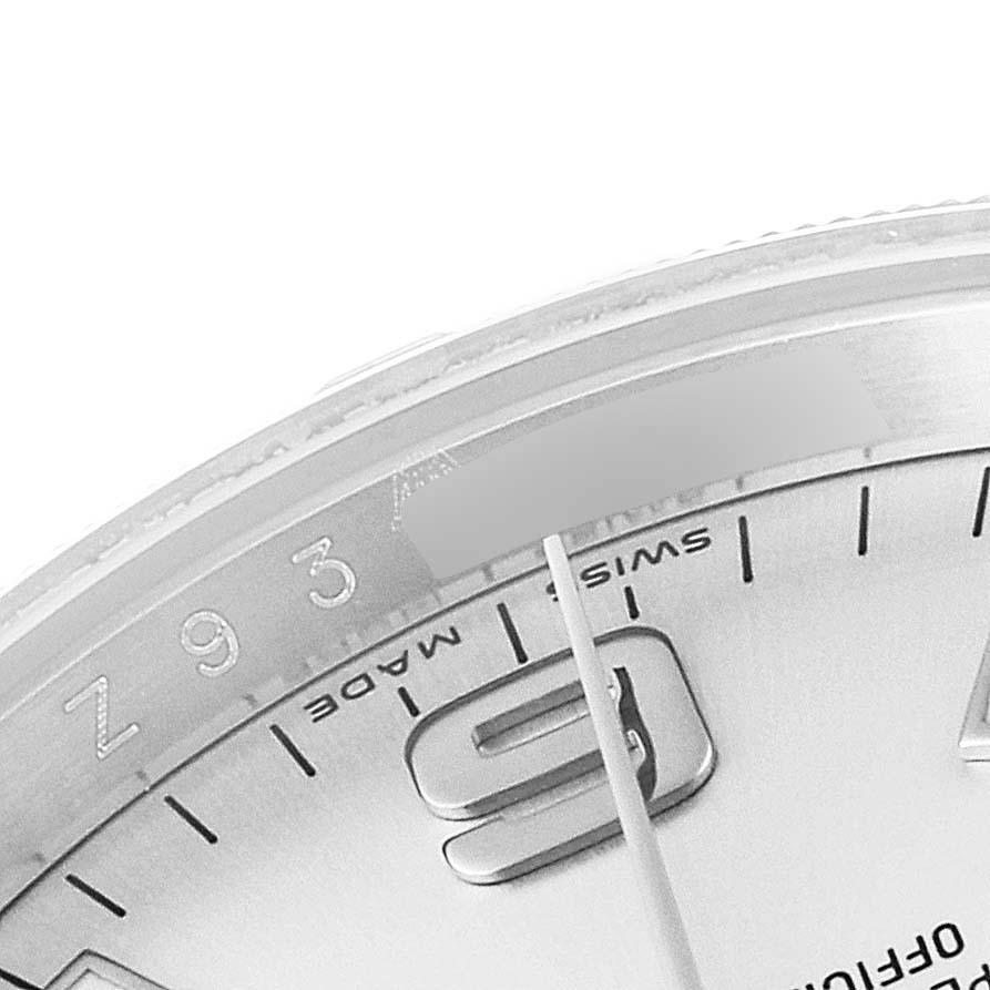 This image shows a close-up of the dial and bezel of a Rolex Air-King 114210 Men's Stainless Steel Silver Dial 114210 Men's Stainless Steel Silver Dial watch, highlighting the numeral markers and minute indicators.