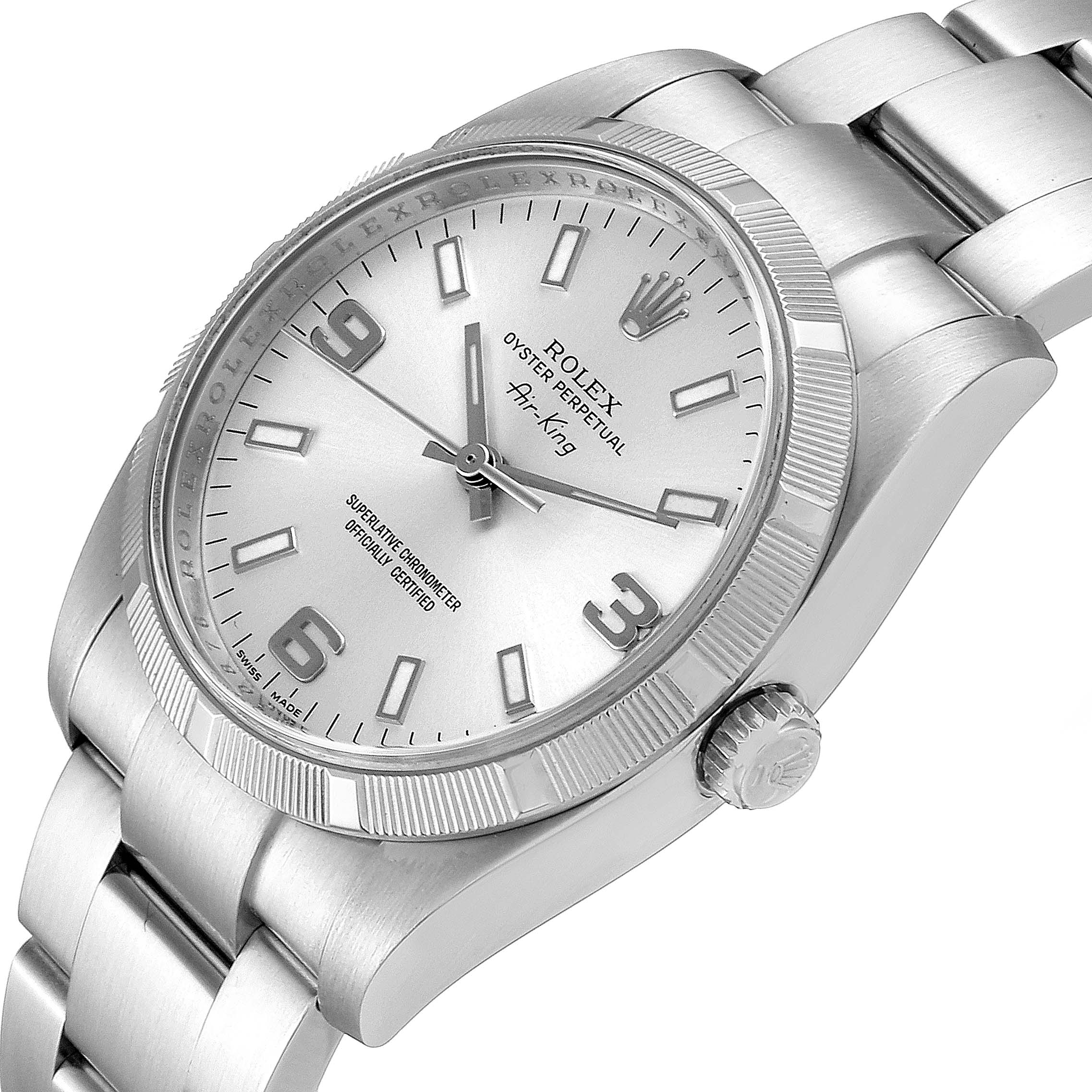 The image shows a Rolex Air-King 114210 Men's Stainless Steel Silver Dial 114210 Men's Stainless Steel Silver Dial watch from an angled view, highlighting the dial, bezel, crown, and bracelet.