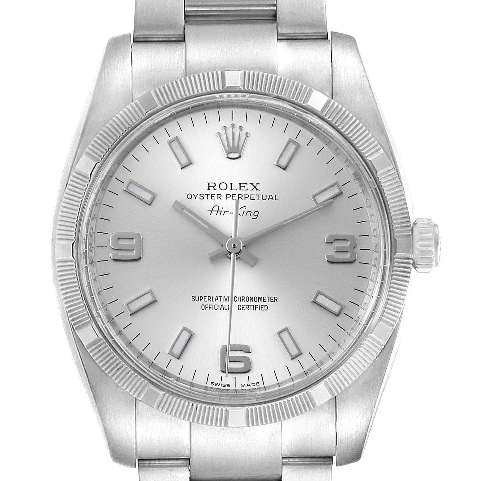 This is a front view of the Rolex Air-King 114210 Men's Stainless Steel Silver Dial 114210 Men's Stainless Steel Silver Dial watch showing the face, dial, hands, bezel, and part of the bracelet.