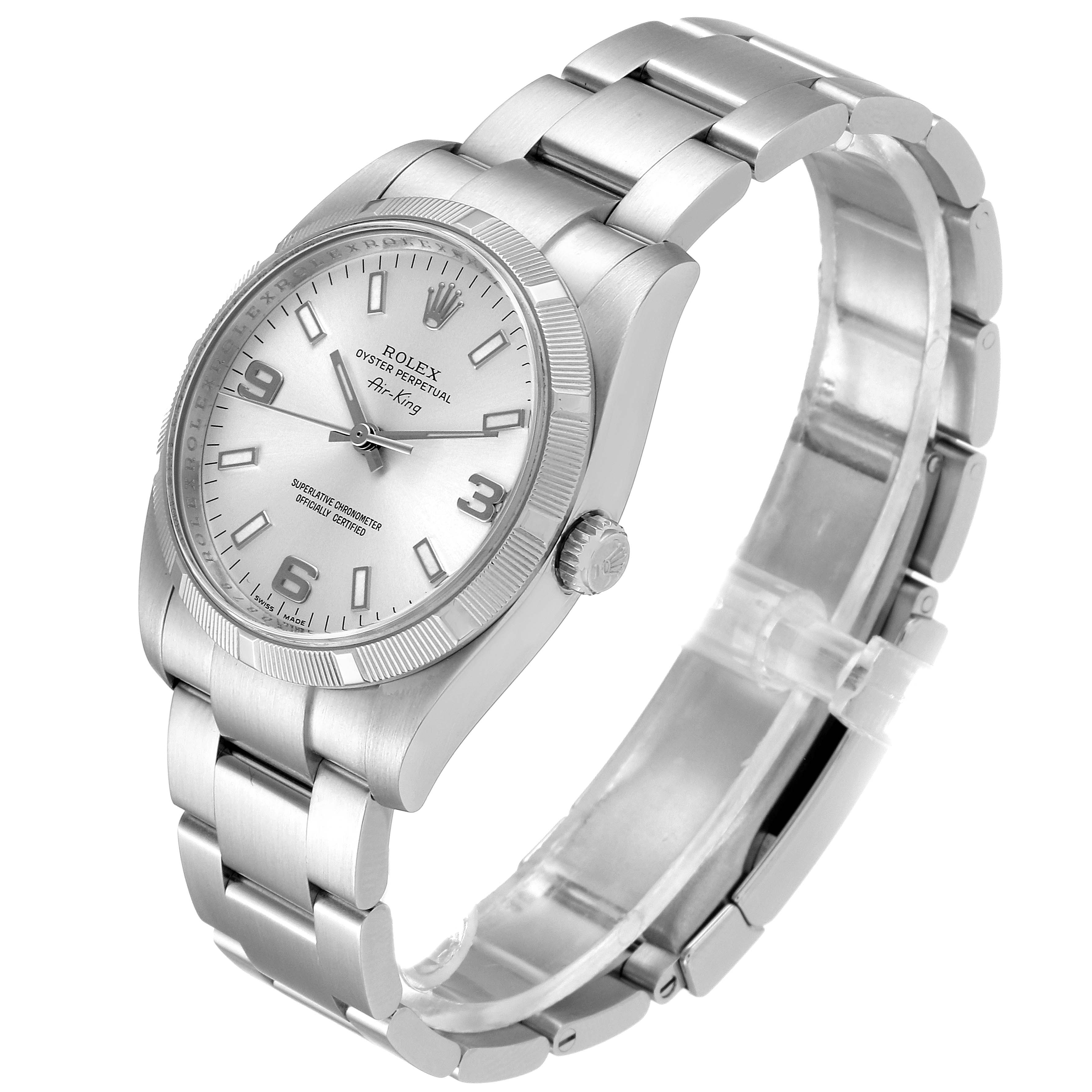 The Rolex Air-King 114210 Men's Stainless Steel Silver Dial 114210 Men's Stainless Steel Silver Dial watch is shown at a three-quarter angle, highlighting the dial, bracelet, and crown.