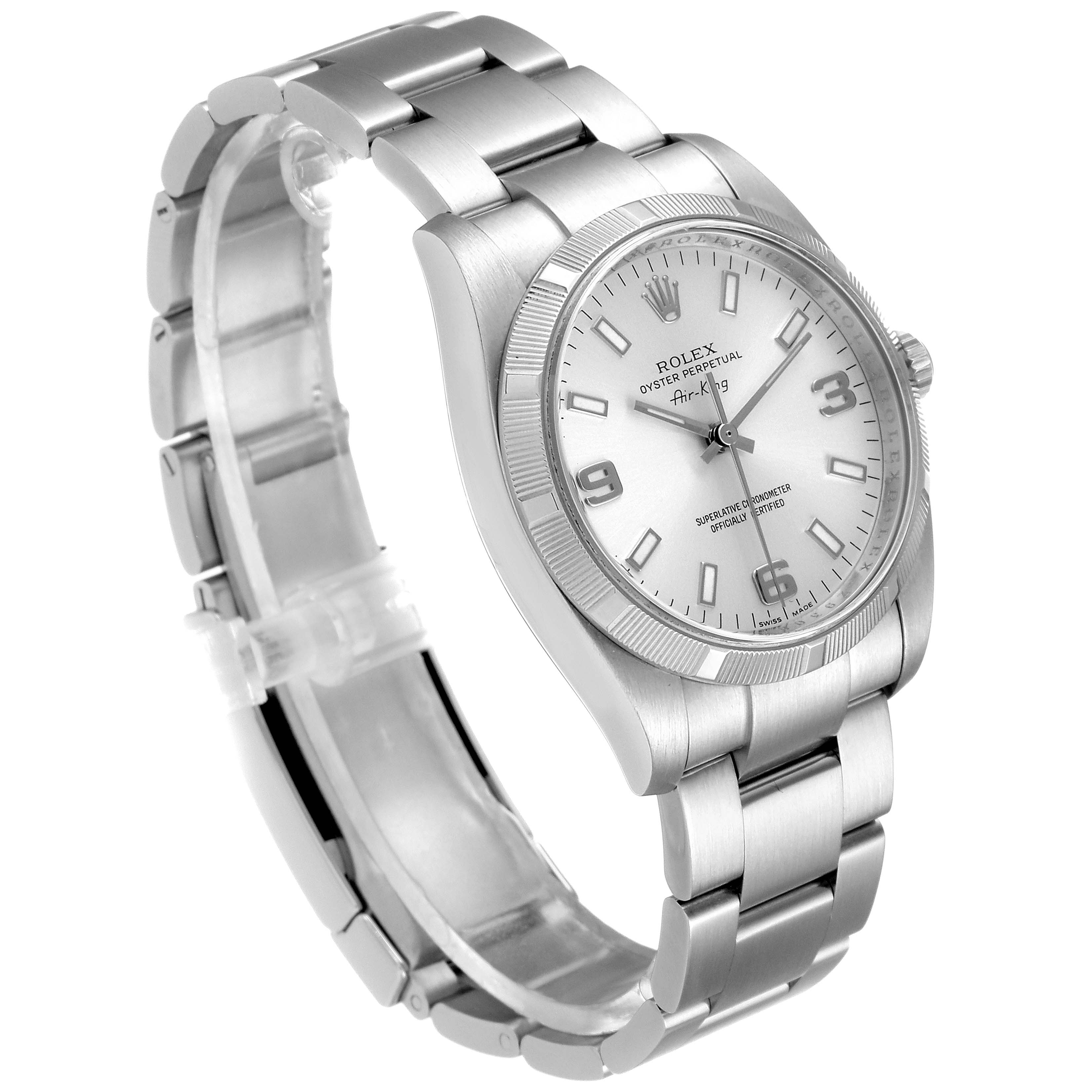 The Rolex Air-King 114210 Men's Stainless Steel Silver Dial 114210 Men's Stainless Steel Silver Dial watch is shown at a three-quarter angle displaying the full face, bezel, and bracelet.