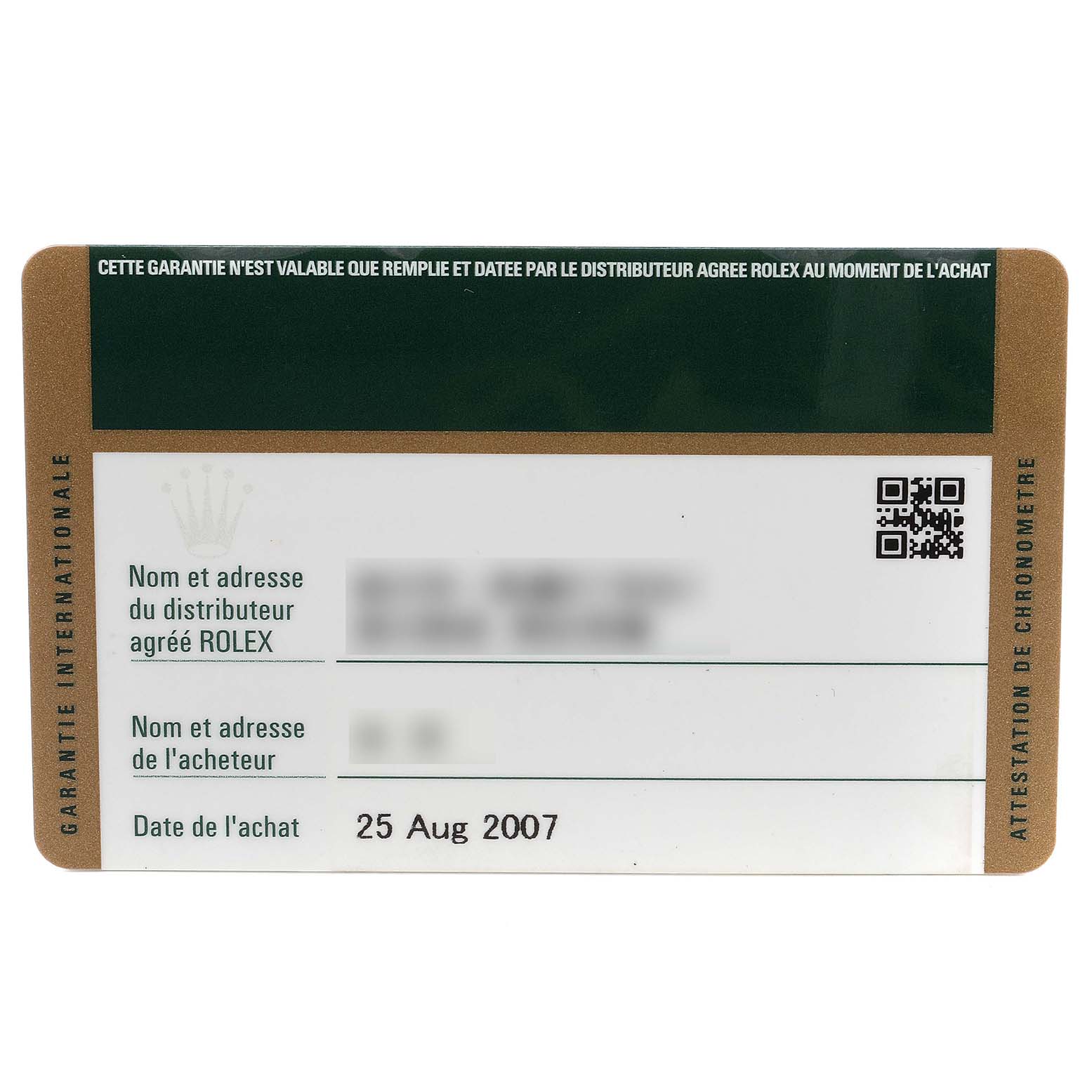 This image shows a guarantee card for the Rolex Air-King 114210 Men's Stainless Steel Silver Dial 114210 Men's Stainless Steel Silver Dial watch, with purchase details and branding visible.