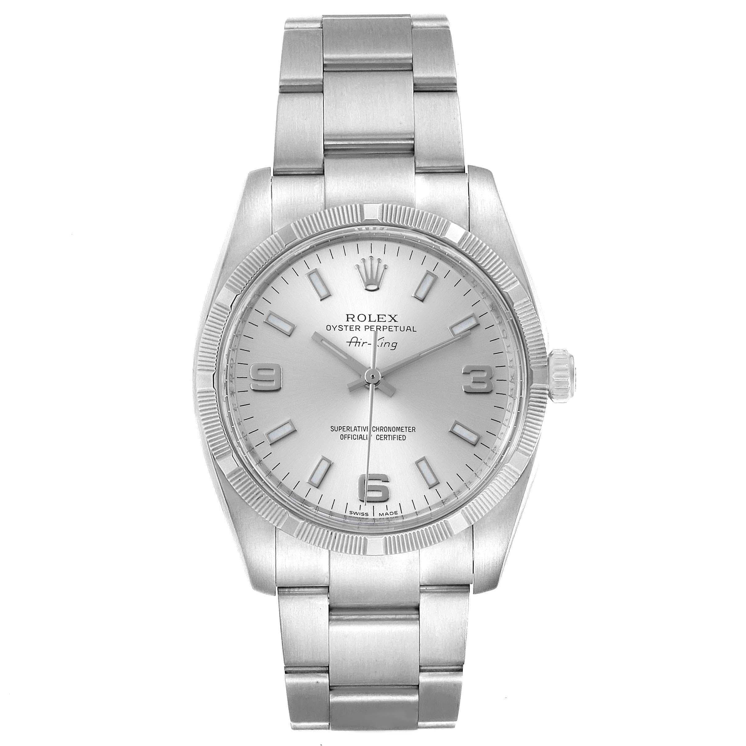 The image shows a front view of a Rolex Air-King 114210 Men's Stainless Steel Silver Dial 114210 Men's Stainless Steel Silver Dial watch, featuring its face, bezel, crown, and bracelet.