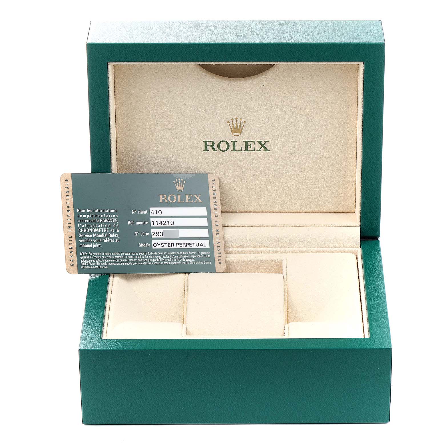 The image shows an open Rolex watch box for the Air-King model, with a warranty card displayed inside.