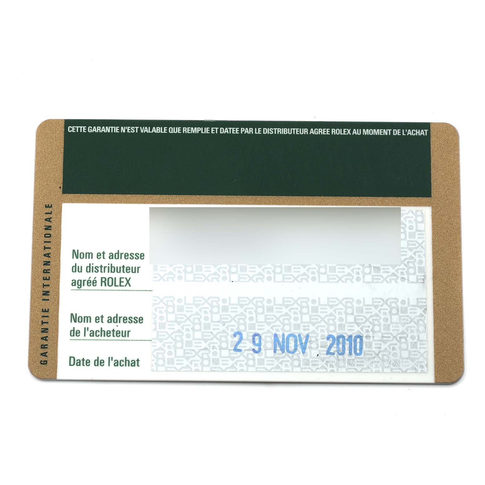 This image shows an international guarantee card for a Rolex Cellini 4243/9 Men
s White Gold Silver Dial 4243/9 Men
s White Gold Silver Dial, with fields for distributor and purchaser information.