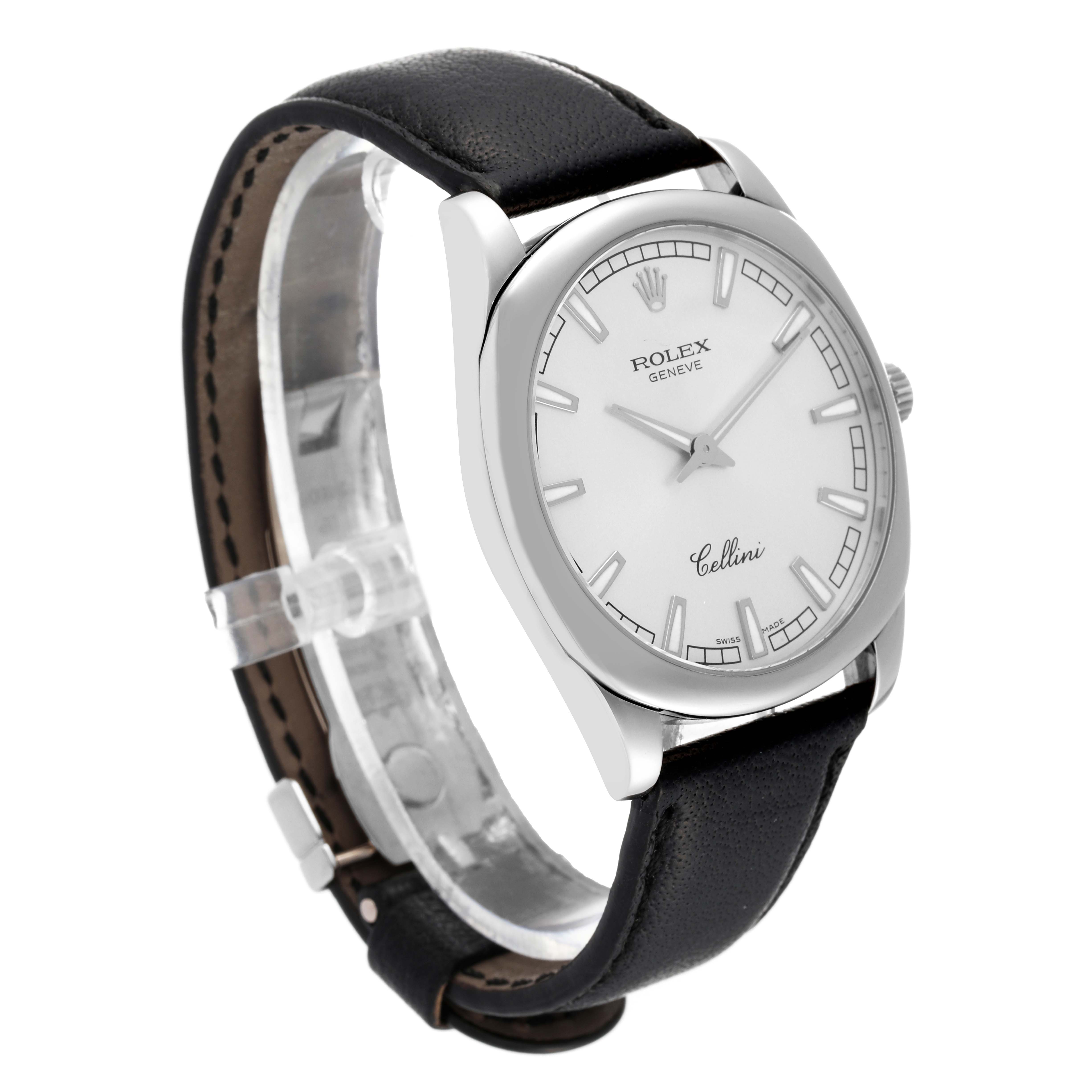 The Rolex Cellini 4243/9 Men
s White Gold Silver Dial 4243/9 Men
s White Gold Silver Dial watch is shown in a three-quarter angle, highlighting its white dial, case, and black leather strap.