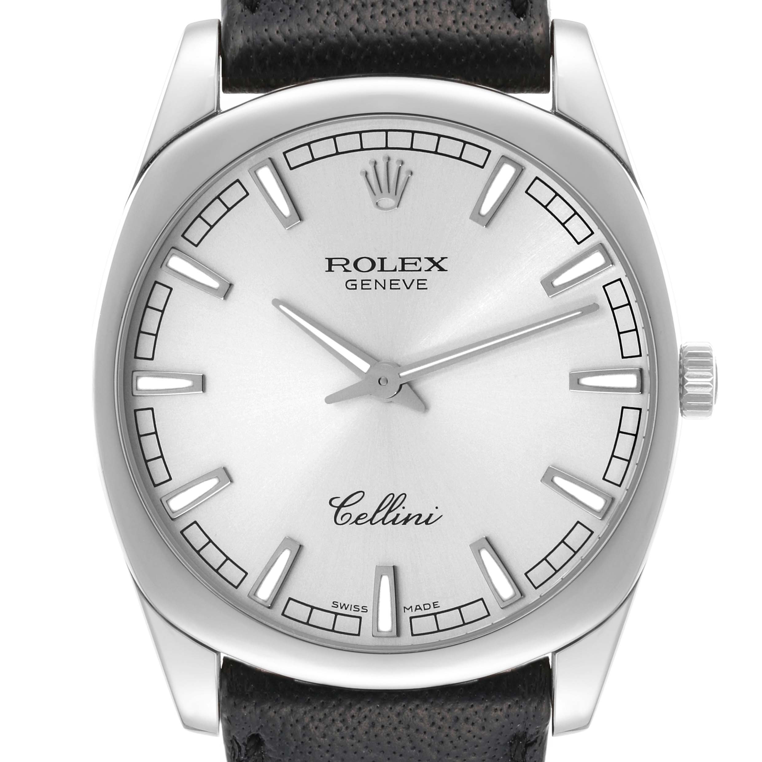 The image shows a frontal view of a Rolex Cellini 4243/9 Men
s White Gold Silver Dial 4243/9 Men
s White Gold Silver Dial watch, displaying the dial, hands, crown, and part of the leather strap.