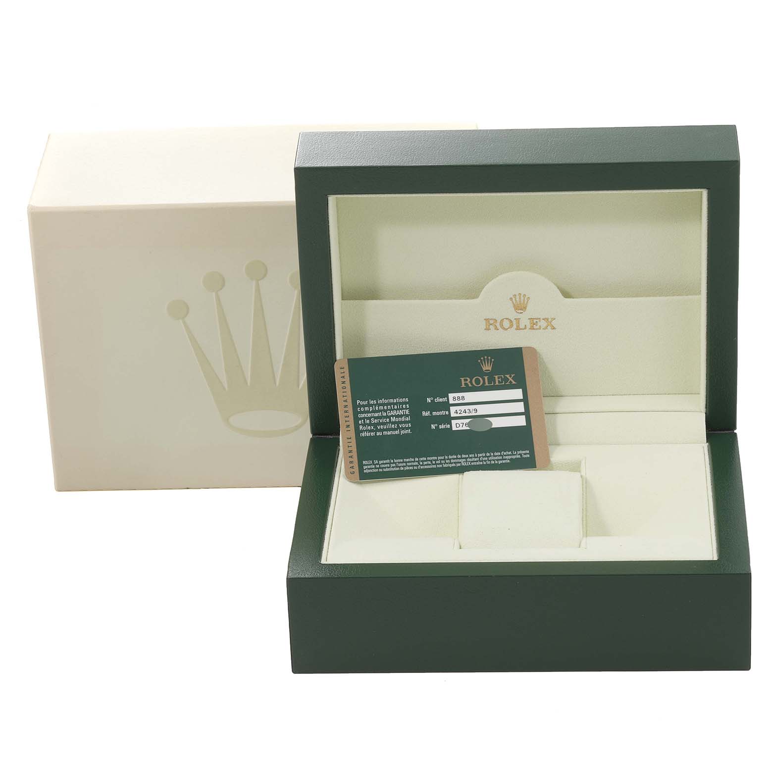 The image shows the packaging and warranty card for a Rolex Cellini 4243/9 Men
s White Gold Silver Dial 4243/9 Men
s White Gold Silver Dial, with the box open and the certification card displayed.