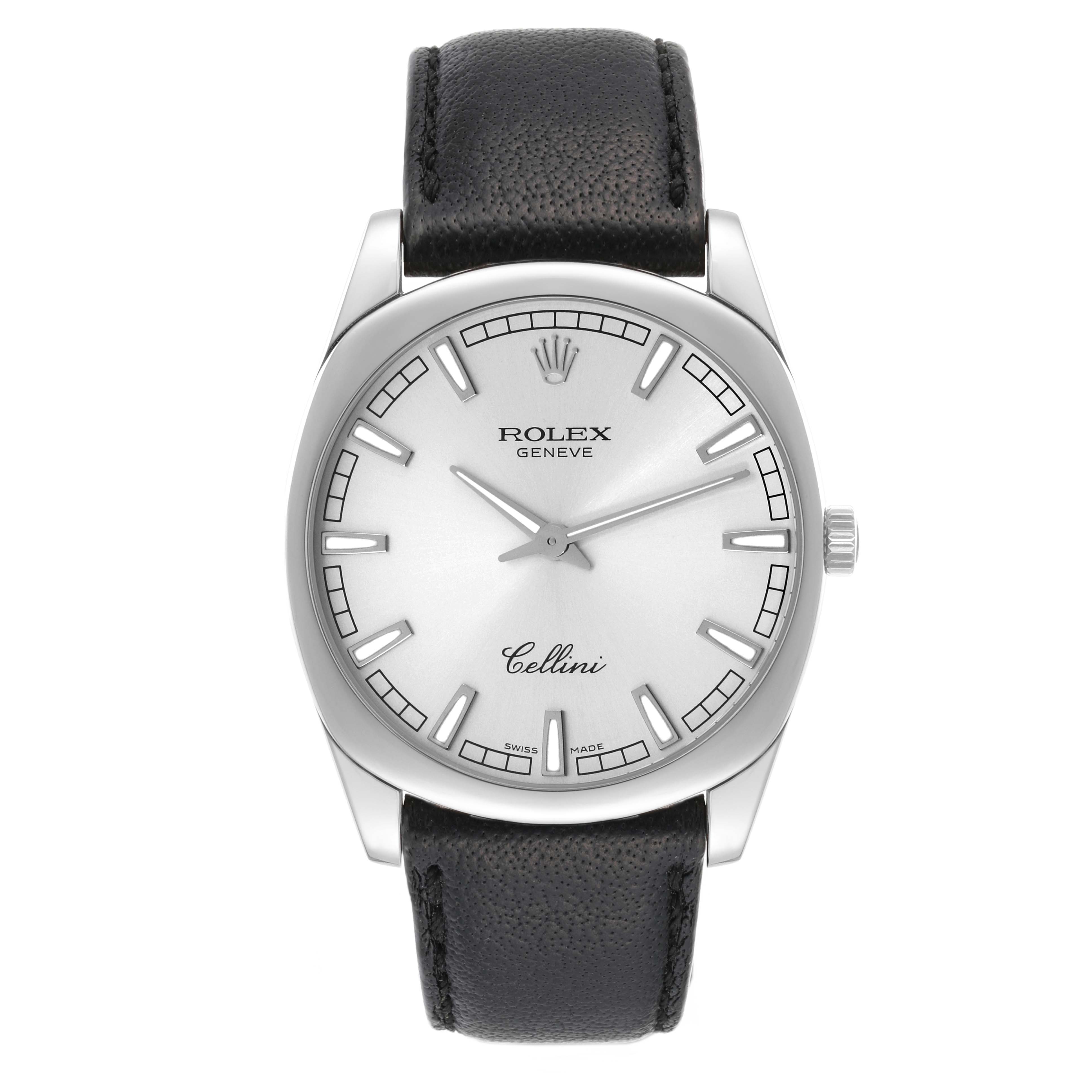 The image shows a frontal view of the Rolex Cellini 4243/9 Men
s White Gold Silver Dial 4243/9 Men
s White Gold Silver Dial watch, featuring a black leather strap and a silver dial.