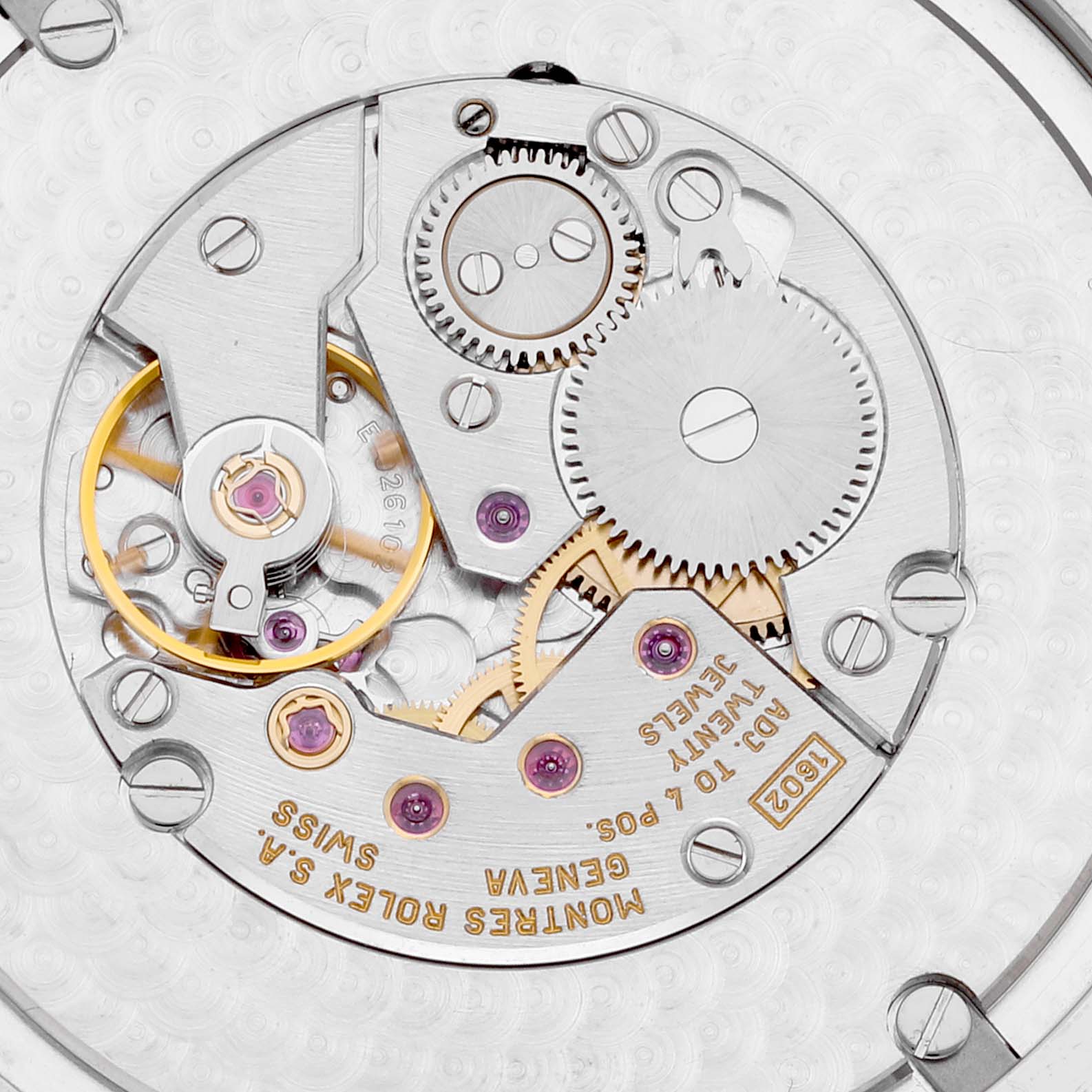 This close-up view shows the intricate internal movement mechanism of a Rolex Cellini 4243/9 Men
s White Gold Silver Dial 4243/9 Men
s White Gold Silver Dial model watch.