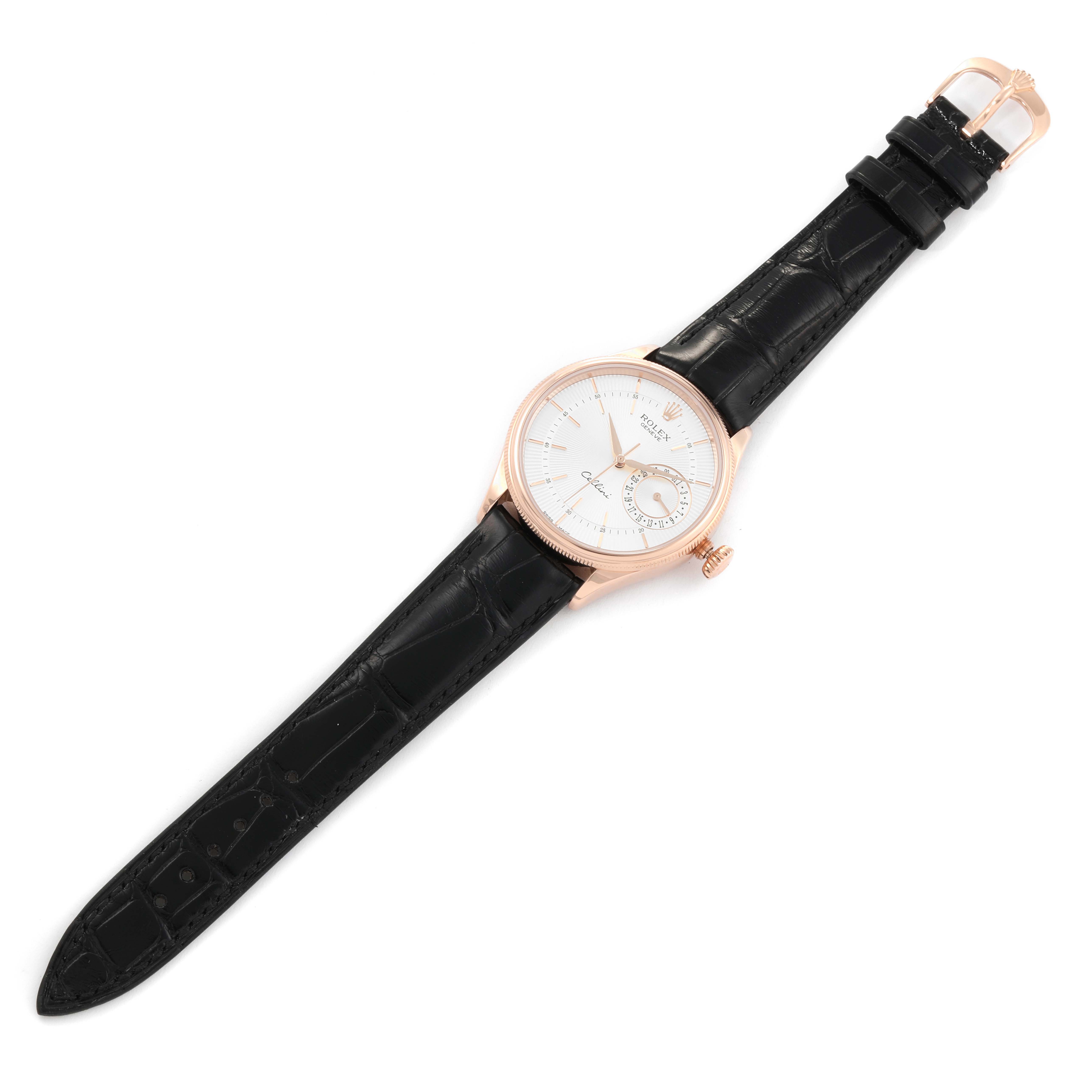 The image shows the complete Rolex Cellini 50515 Men's Rose Gold Silver Dial 50515 Men's Rose Gold Silver Dial watch from a top-down angle, including its face, case, strap, and buckle.