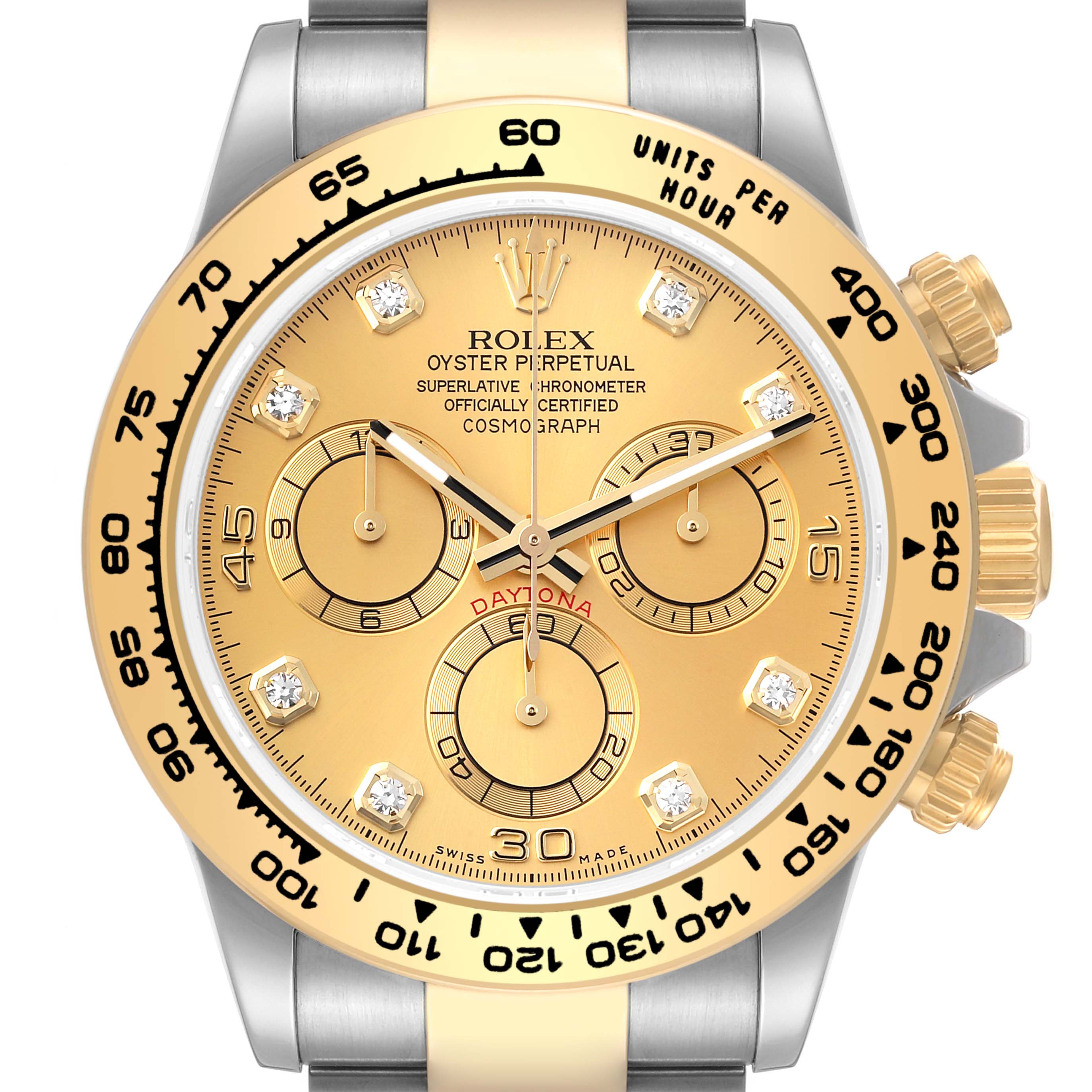The image shows a frontal view of a Rolex Daytona 116503 Men's Steel and Gold (two tone) Champagne Dial 116503 Men's Steel and Gold (two tone) Champagne Dial watch, highlighting its gold bezel, chronograph dials, and diamond hour markers.