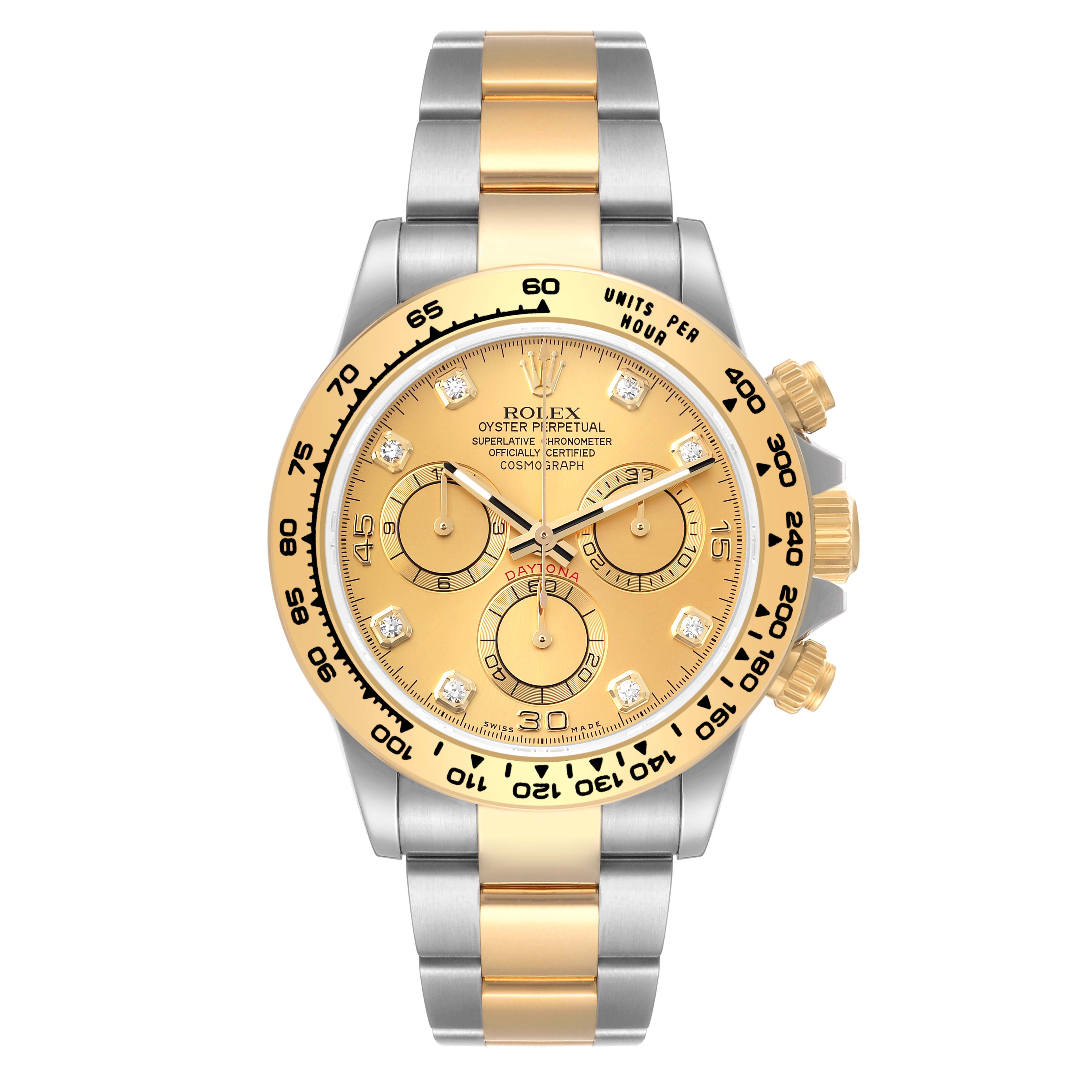 The image shows a front view of the Rolex Daytona 116503 Men's Steel and Gold (two tone) Champagne Dial 116503 Men's Steel and Gold (two tone) Champagne Dial watch, highlighting its gold dial, bezel, and two-tone bracelet.