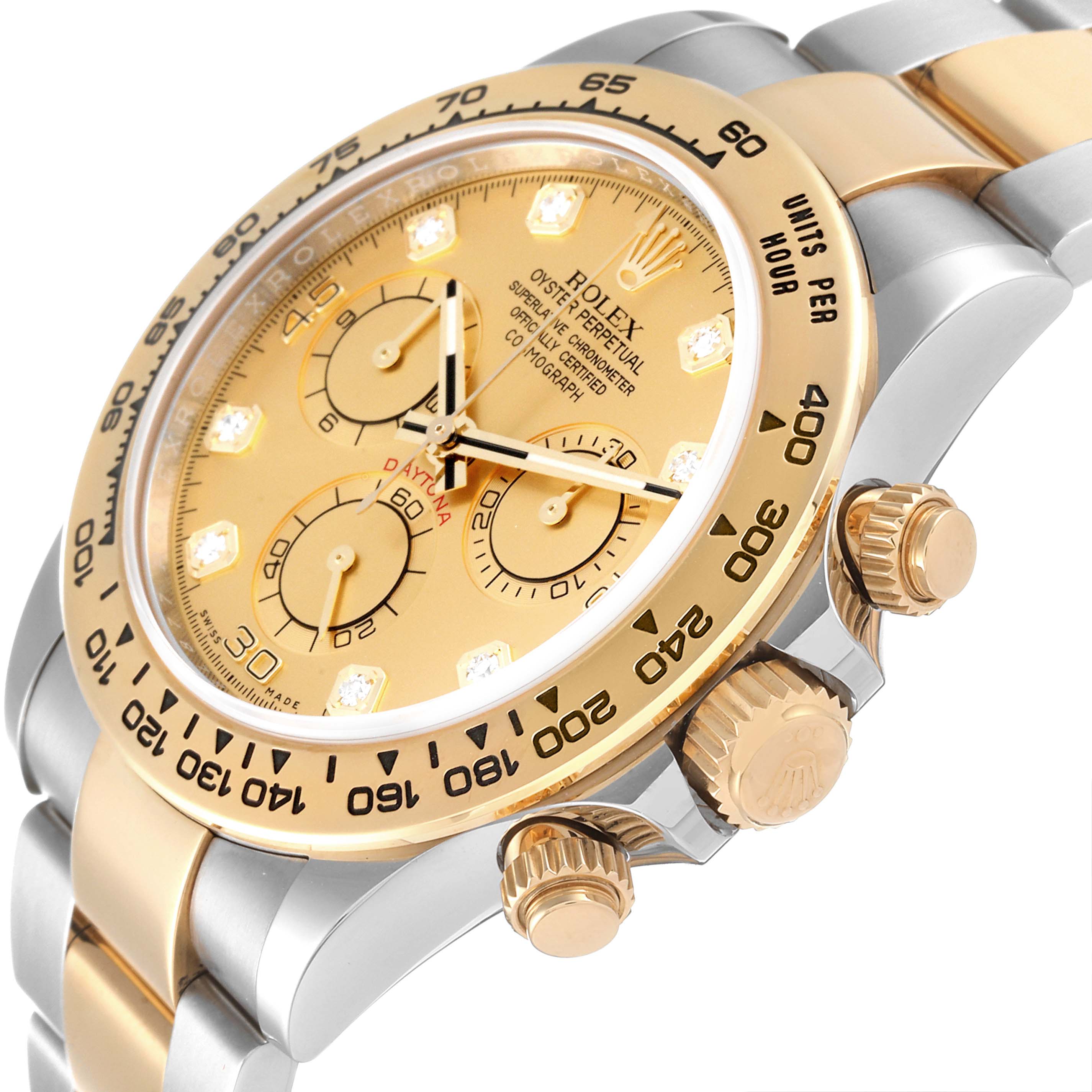 The image shows a Rolex Daytona 116503 Men's Steel and Gold (two tone) Champagne Dial 116503 Men's Steel and Gold (two tone) Champagne Dial watch at an angle highlighting the dial, bezels, sub-dials, and pushers.