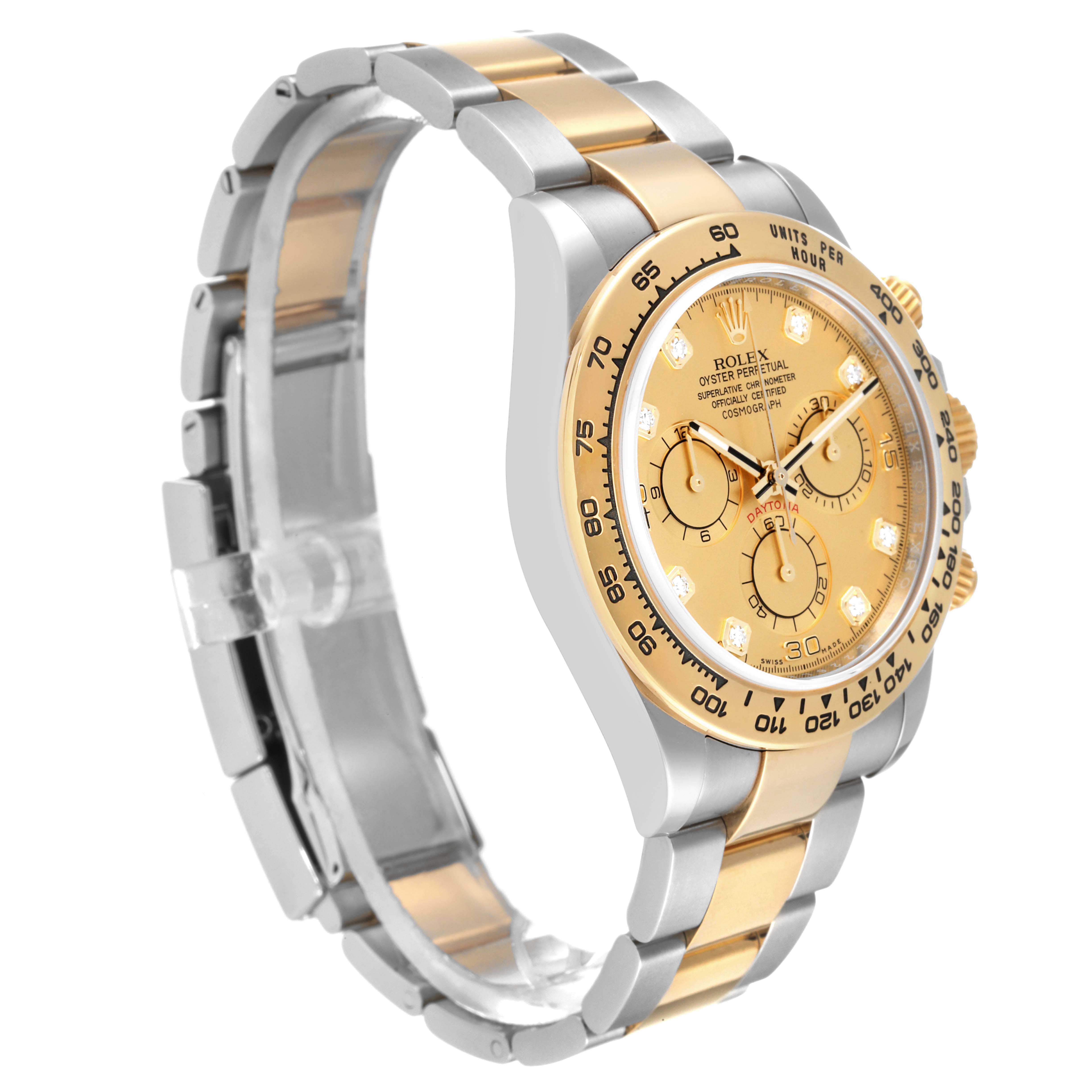 The image shows a side angle of a Rolex Daytona 116503 Men's Steel and Gold (two tone) Champagne Dial 116503 Men's Steel and Gold (two tone) Champagne Dial watch, highlighting its two-tone bracelet, dial, and chronograph subdials.