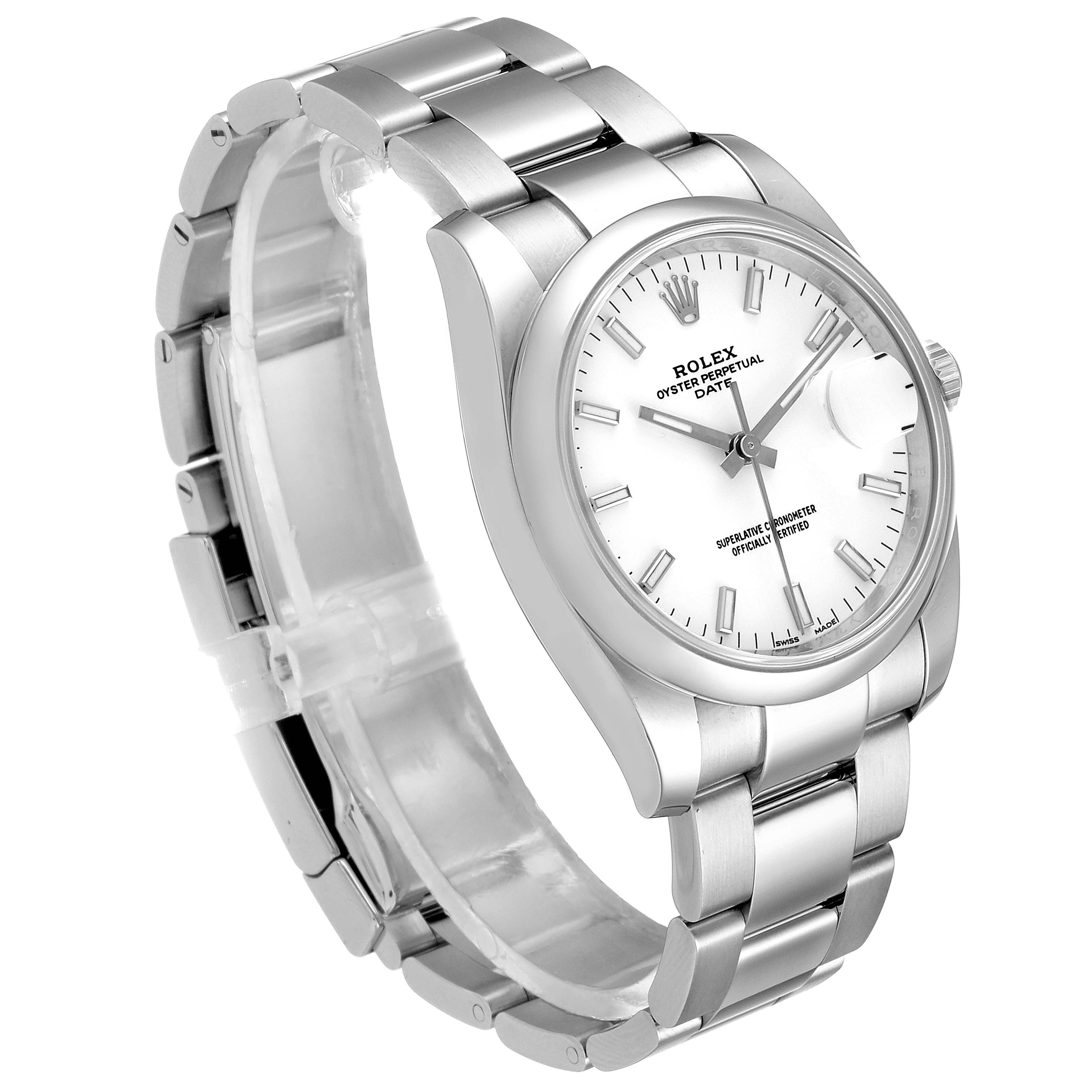 This image shows a side angle view of a Rolex Date 115200 Men's Stainless Steel White Dial 115200 Men's Stainless Steel White Dial model, highlighting the dial, case, and bracelet.