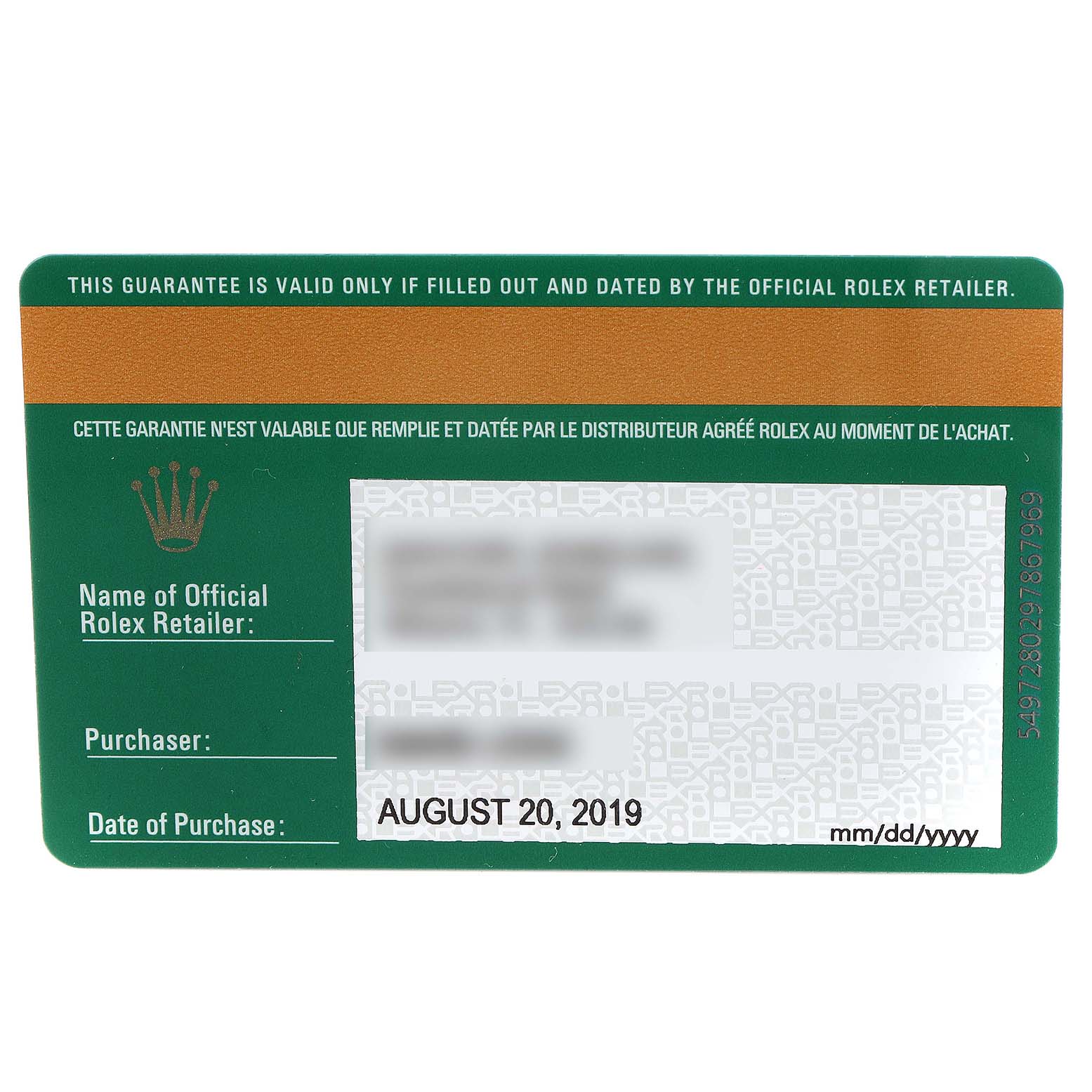 This image shows a warranty card for a Rolex Date 115200 Men's Stainless Steel White Dial 115200 Men's Stainless Steel White Dial model, with details of the retailer, purchaser, and purchase date.