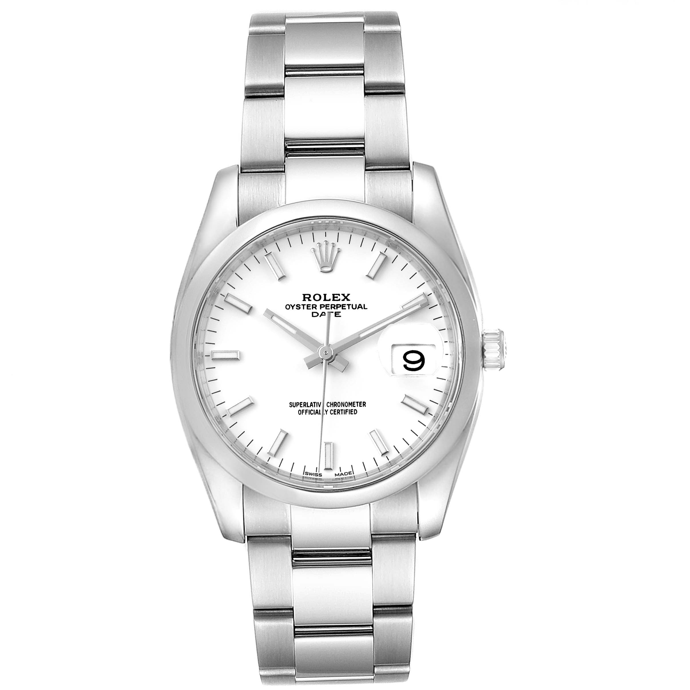 This image shows a front view of the Rolex Date 115200 Men's Stainless Steel White Dial 115200 Men's Stainless Steel White Dial model watch, displaying the dial, bezel, bracelet, and date window.
