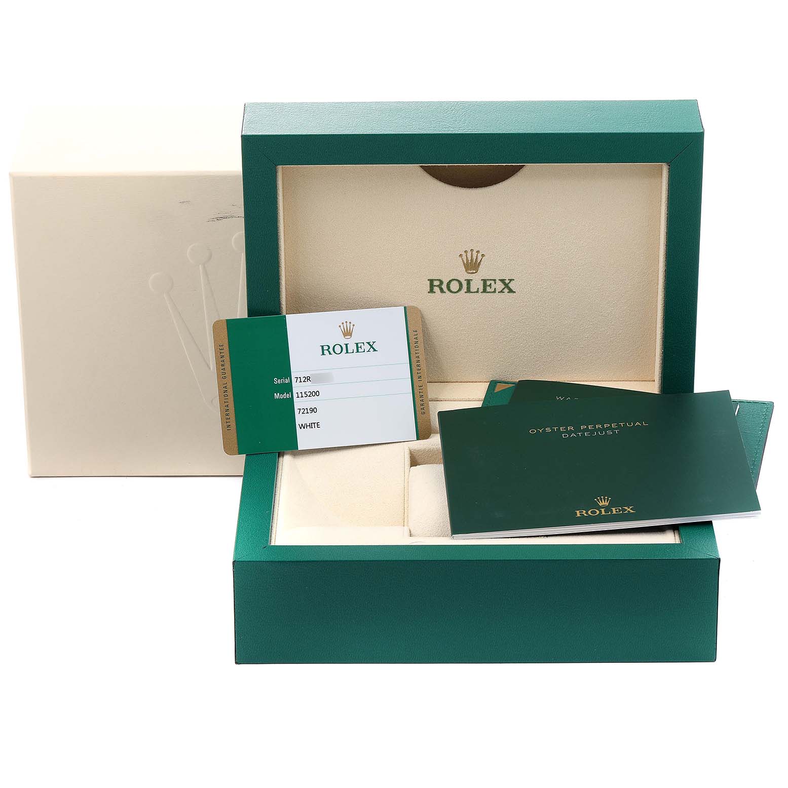 The image shows the open packaging box and accessories for a Rolex Date 115200 Men's Stainless Steel White Dial 115200 Men's Stainless Steel White Dial model watch, including a warranty card and booklets.
