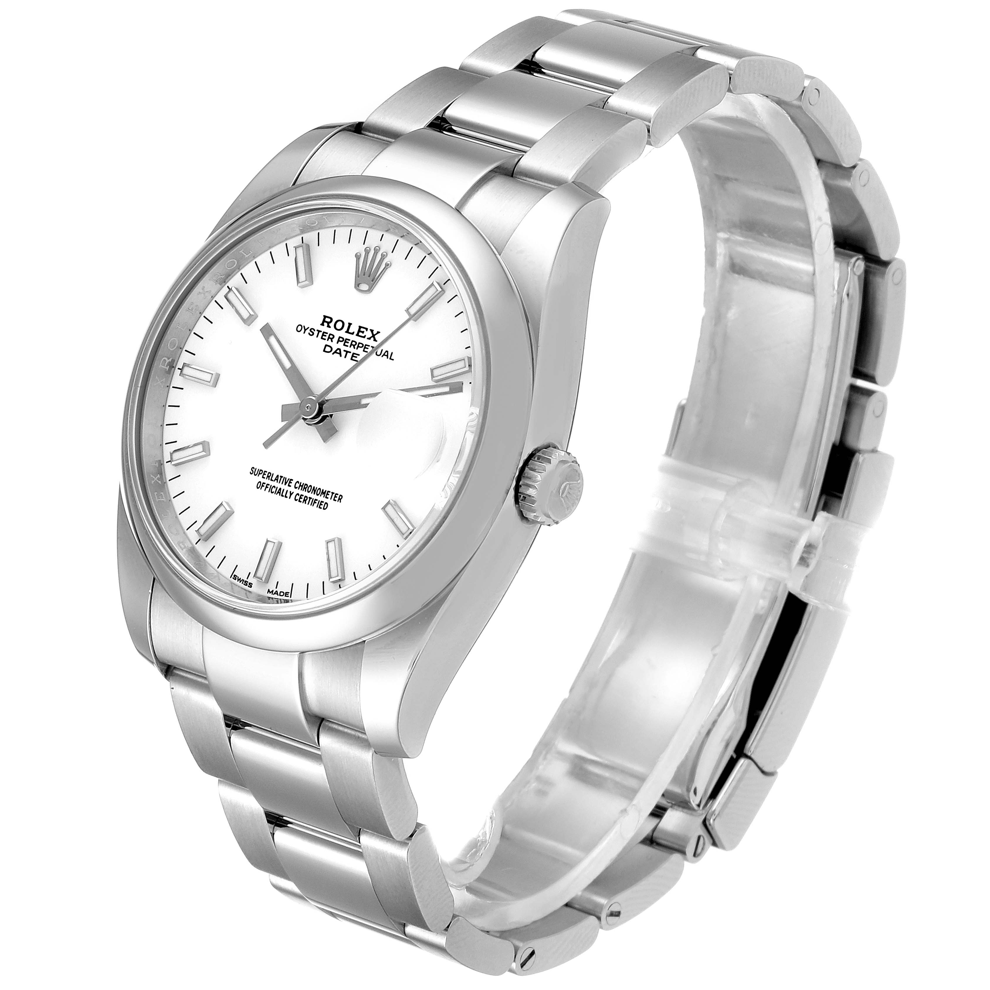 The image shows a Rolex Date 115200 Men's Stainless Steel White Dial 115200 Men's Stainless Steel White Dial watch from a side angle, highlighting its dial, bezel, crown, and bracelet.