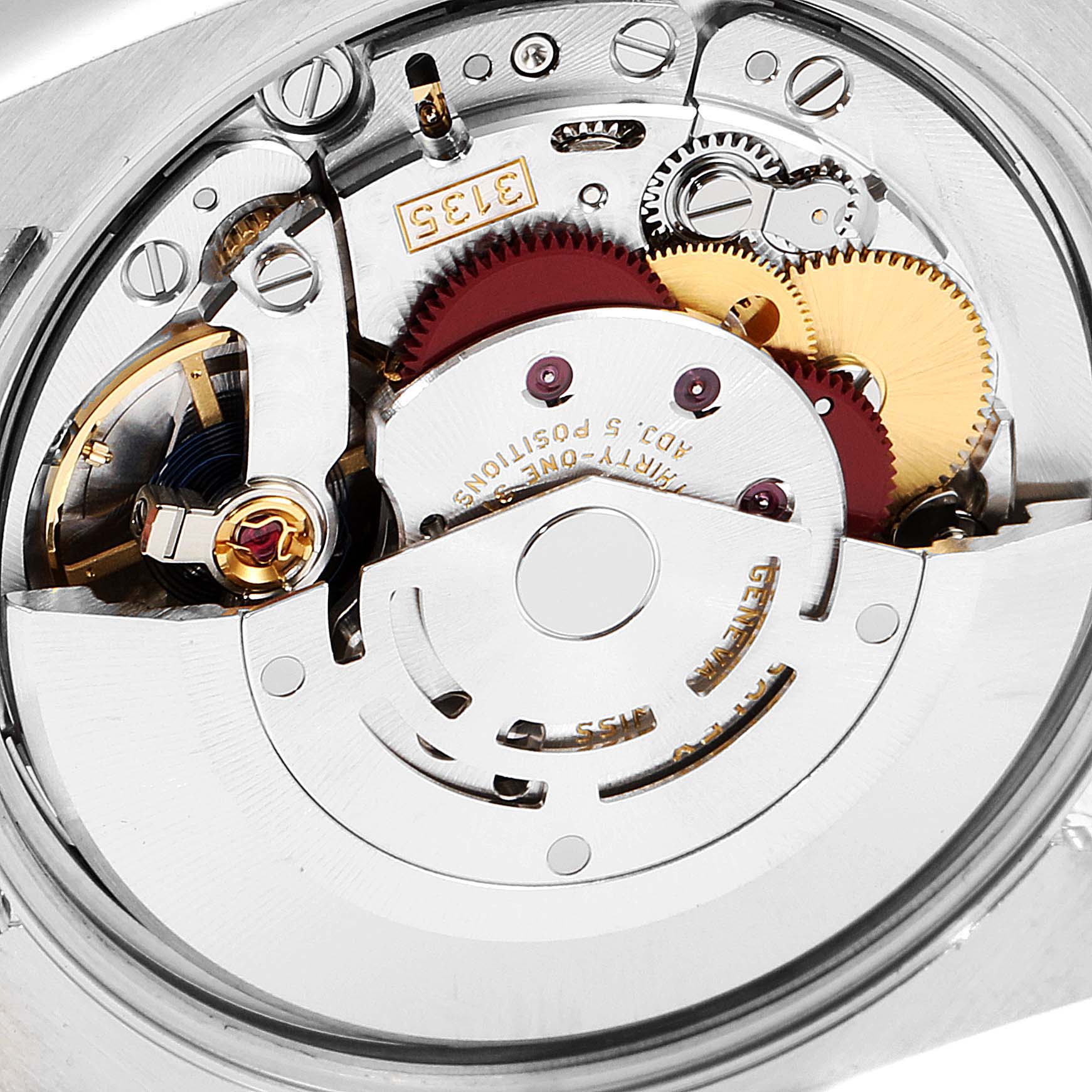 This image shows the internal mechanics and movement of the Rolex Date 115200 Men's Stainless Steel White Dial 115200 Men's Stainless Steel White Dial model watch from a close-up angle.