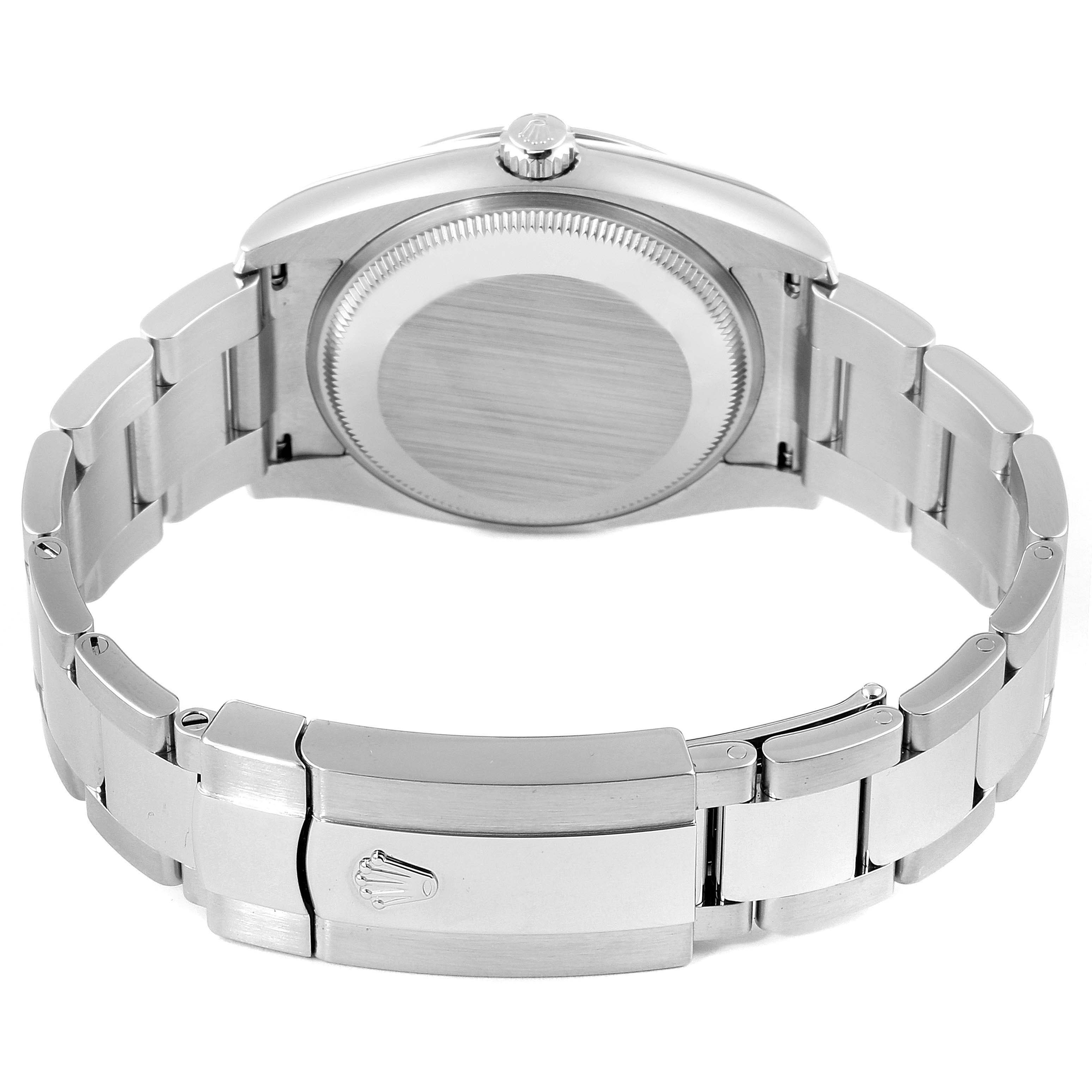 This image shows the back casing and metal bracelet of a Rolex Date 115200 Men's Stainless Steel White Dial 115200 Men's Stainless Steel White Dial model watch from a rear angle.