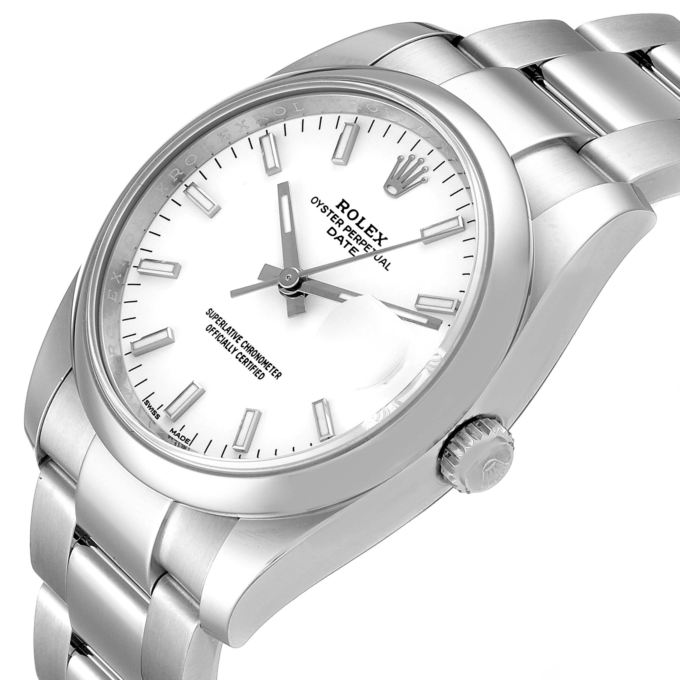 The Rolex Date 115200 Men's Stainless Steel White Dial 115200 Men's Stainless Steel White Dial model watch is shown from a slightly elevated side angle, highlighting the face, crown, and part of the bracelet.