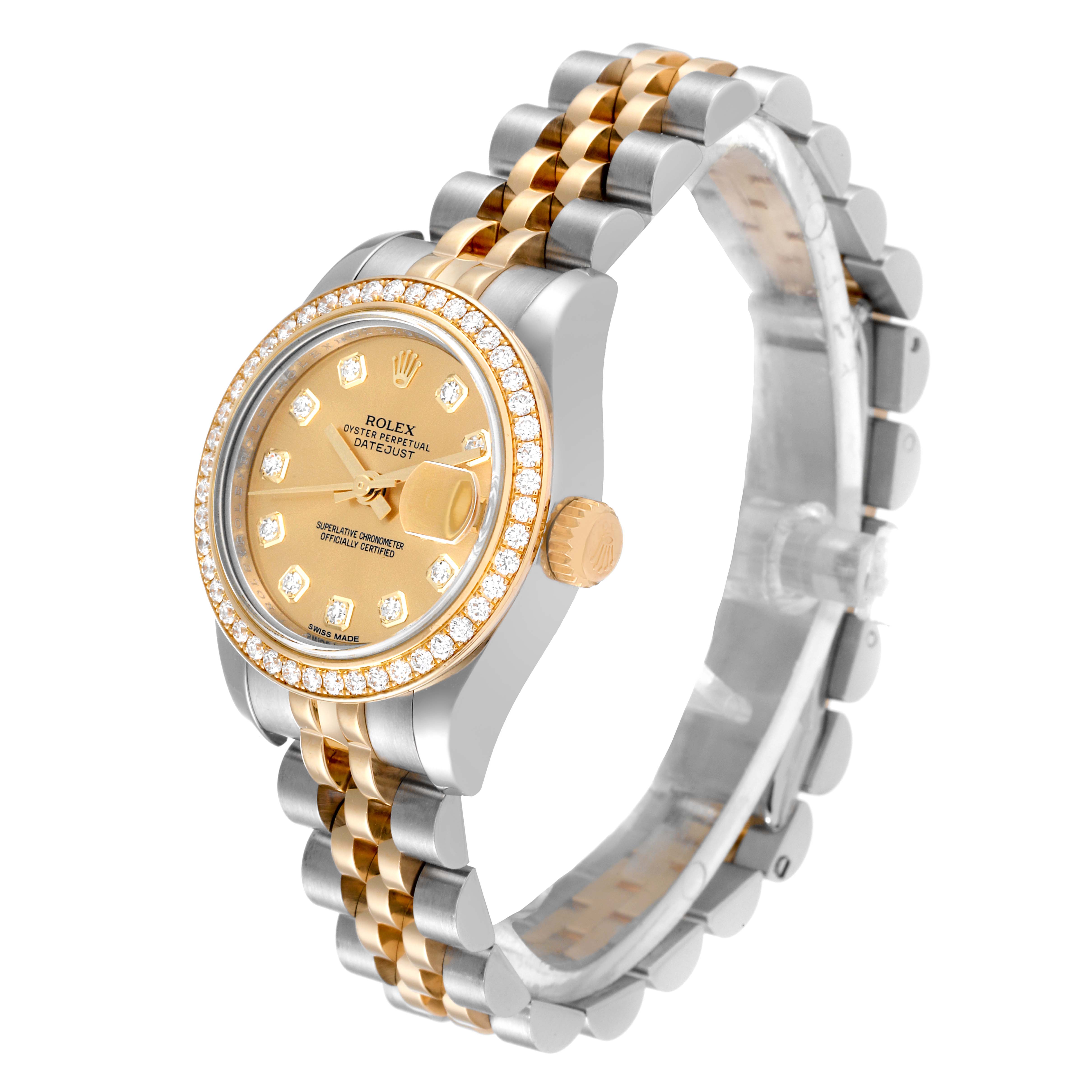 The image shows a Rolex Datejust 179383 Women's Steel and Gold (two tone) Champagne Dial 179383 Women's Steel and Gold (two tone) Champagne Dial watch from a three-quarter angle, highlighting the dial, bezel, crown, and bracelet.