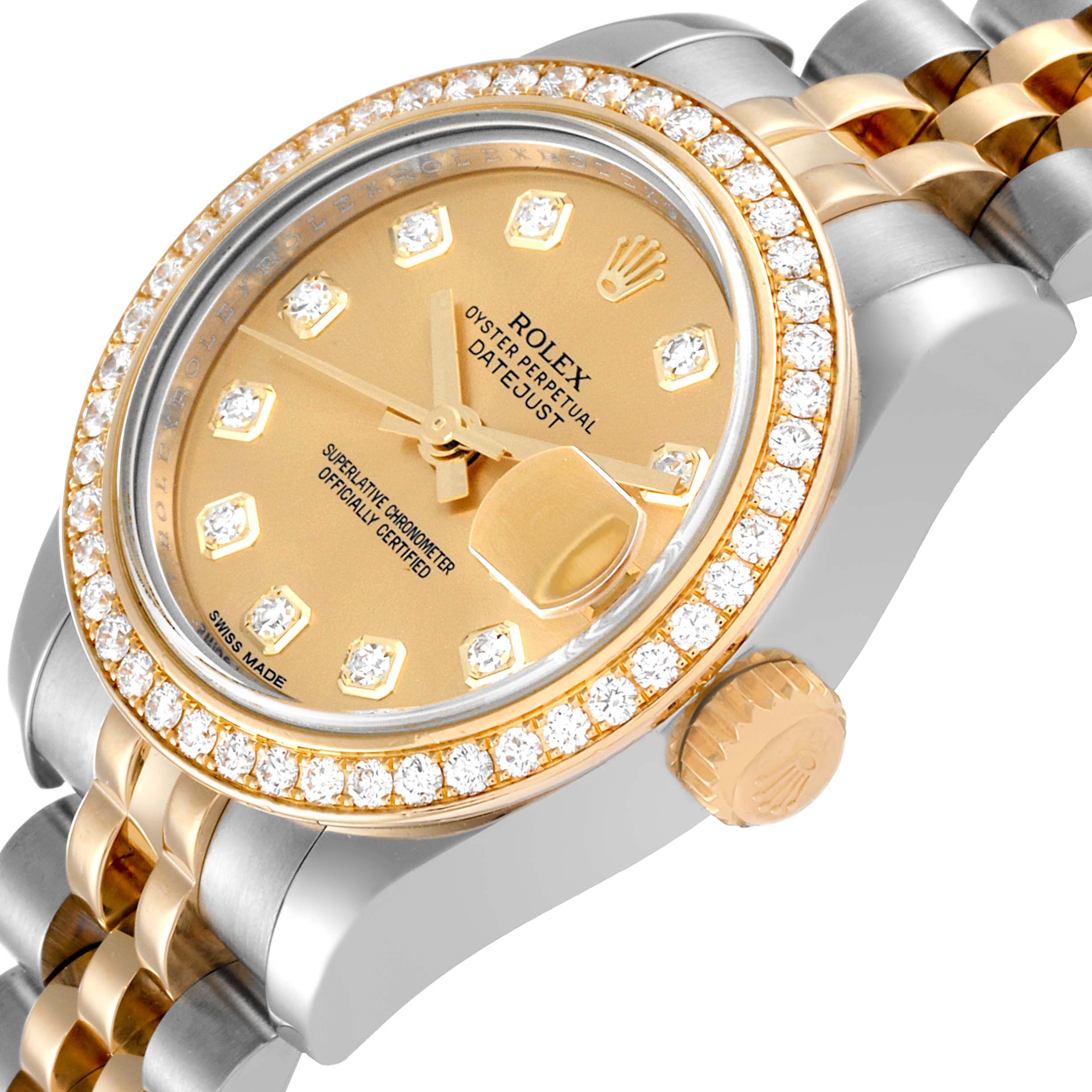 The image shows a Rolex Datejust 179383 Women's Steel and Gold (two tone) Champagne Dial 179383 Women's Steel and Gold (two tone) Champagne Dial watch at an angled view highlighting its face, bezel, and part of the band.